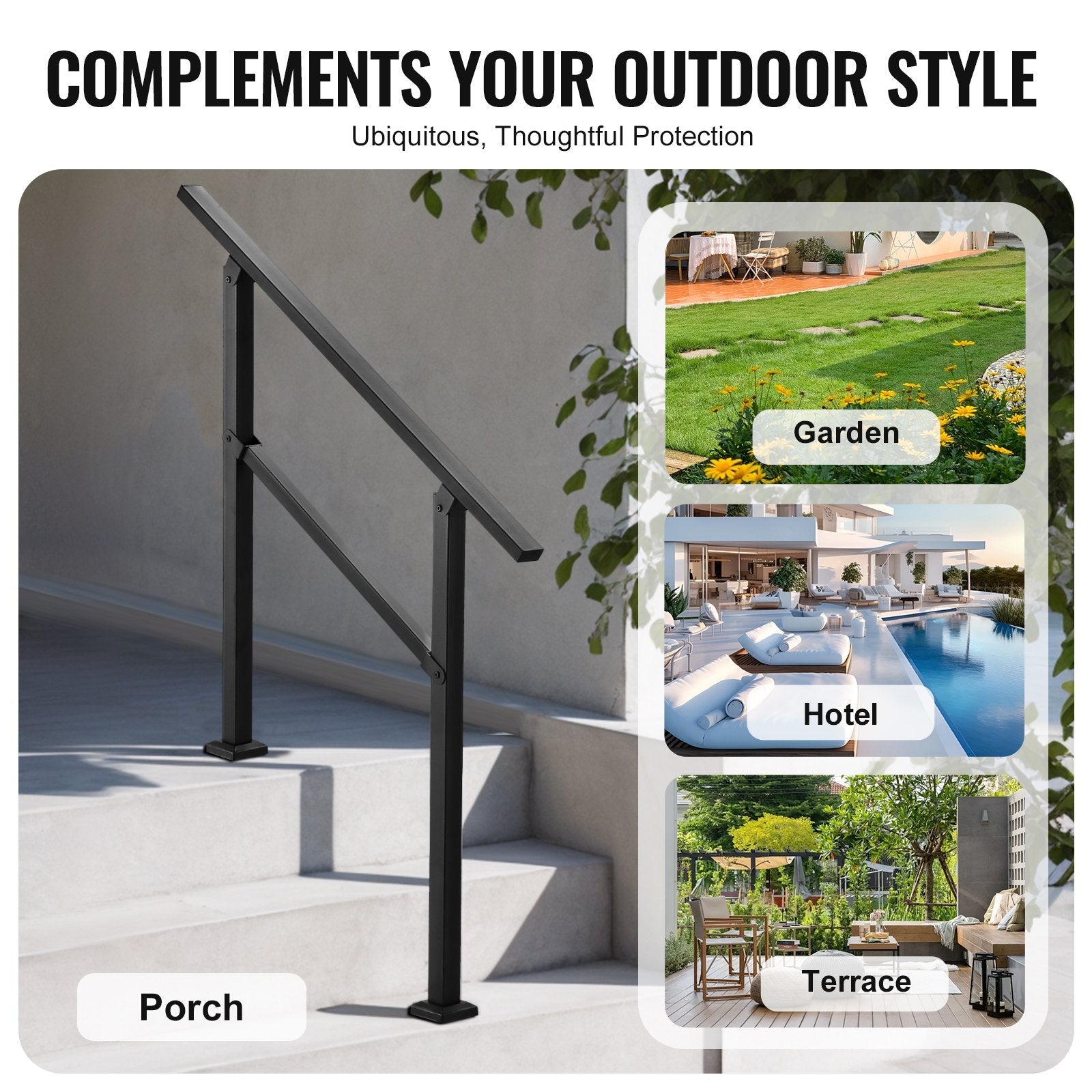 VEVOR Outdoor Handrails for 2-3 Step Stairs Black Square Tube Easy Install