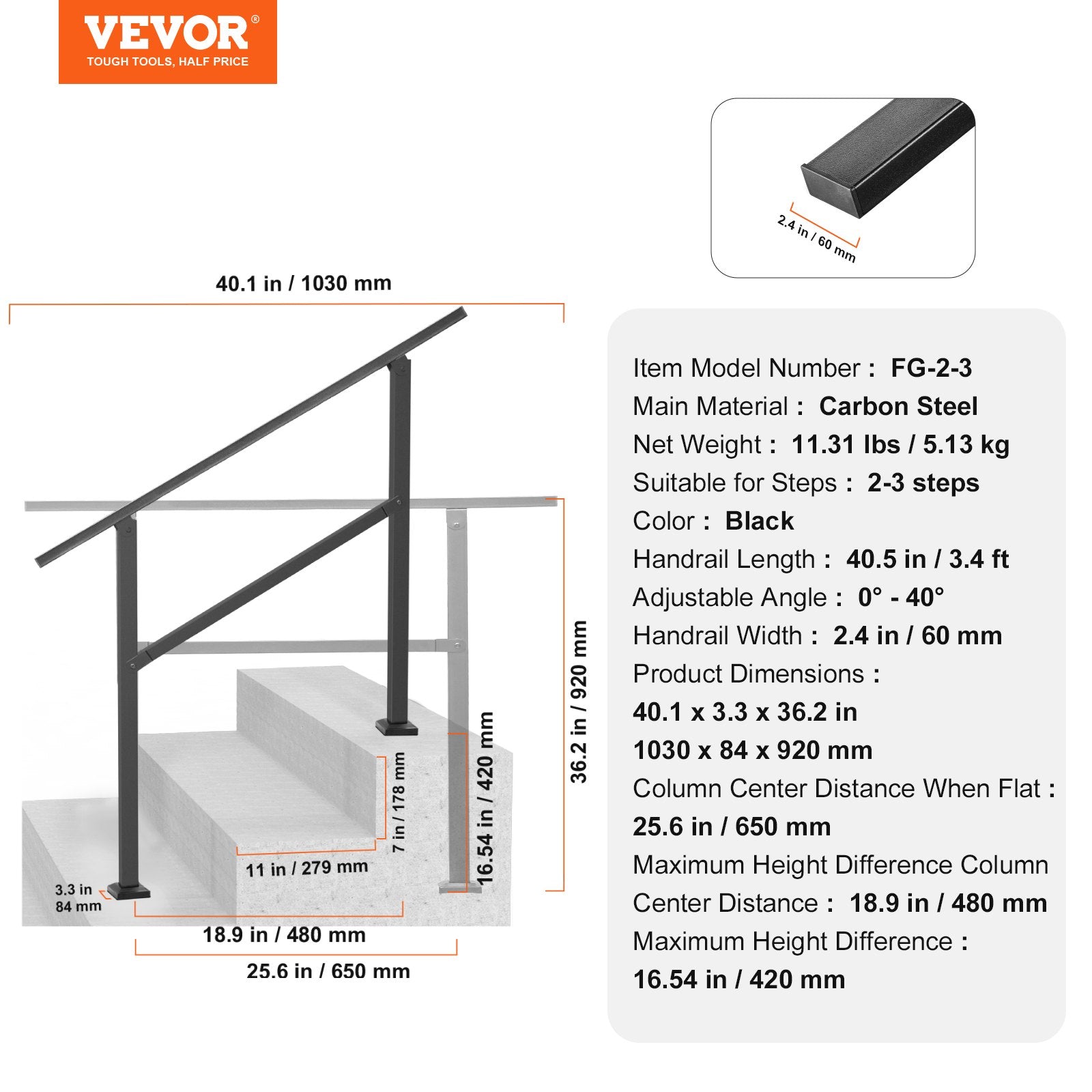 VEVOR Outdoor Handrails for 2-3 Step Stairs Black Square Tube Easy Install