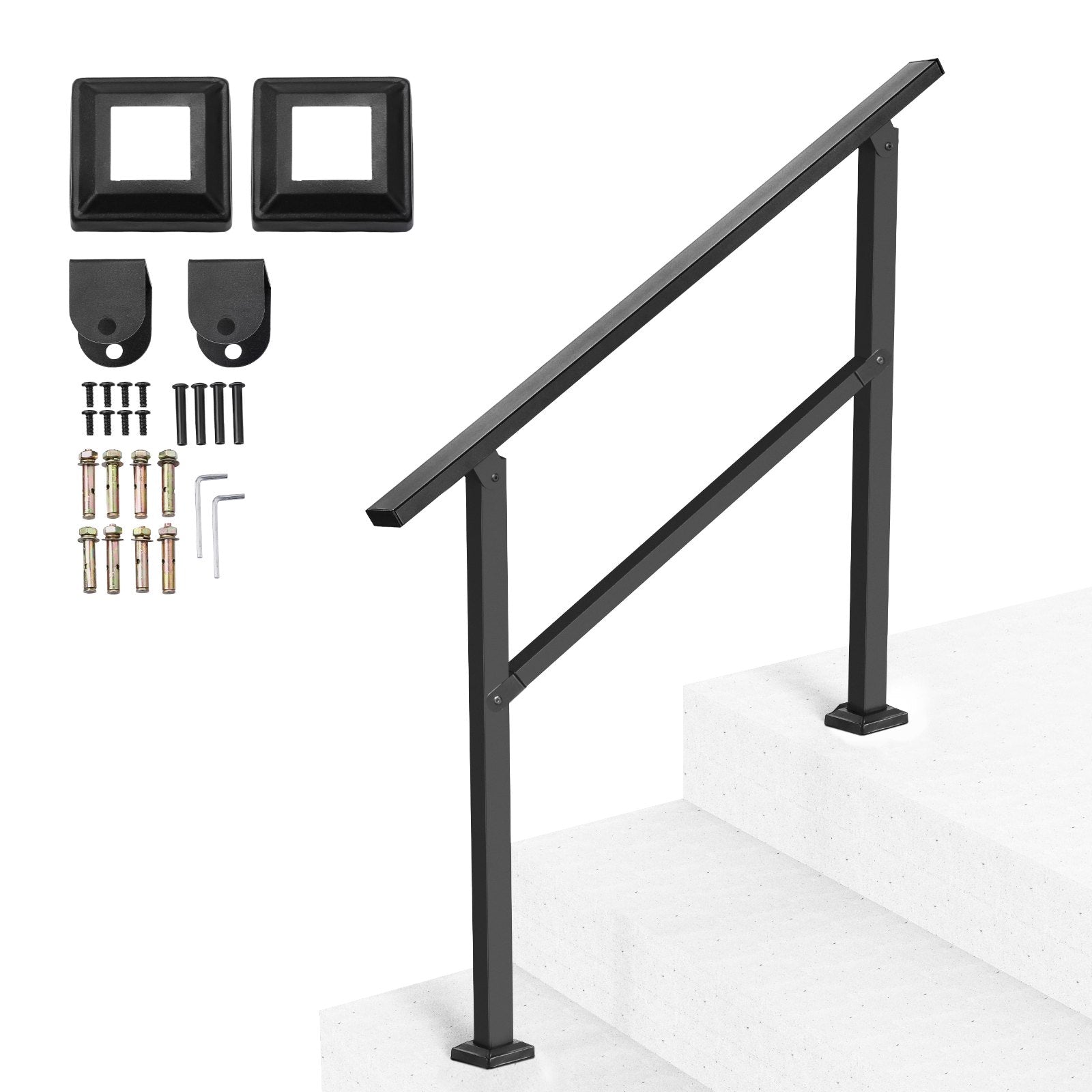 VEVOR Outdoor Handrails for 2-3 Step Stairs Black Square Tube Easy Install