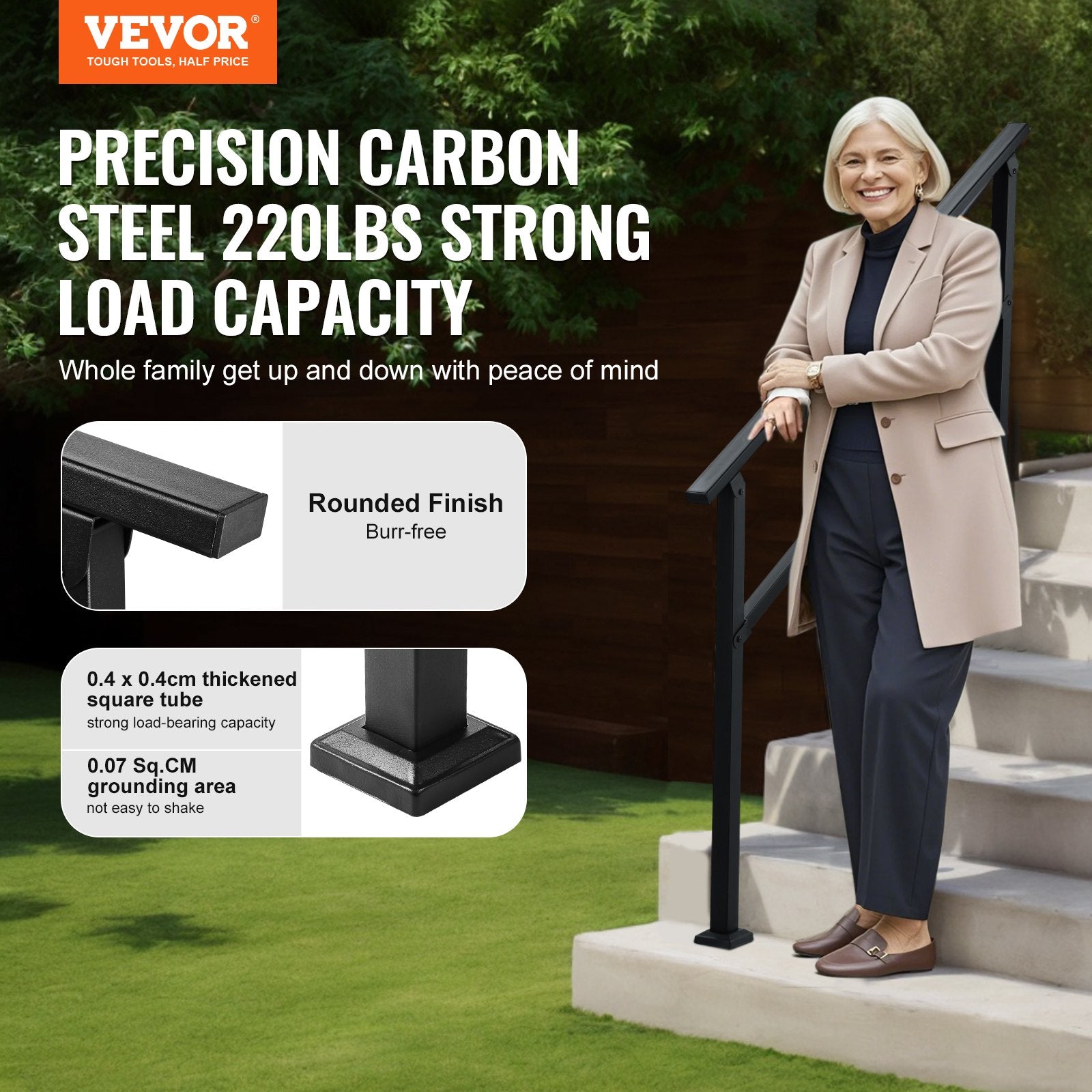 VEVOR Outdoor Handrails for 4-5 Step Stairs Black Square Tube Easy Install