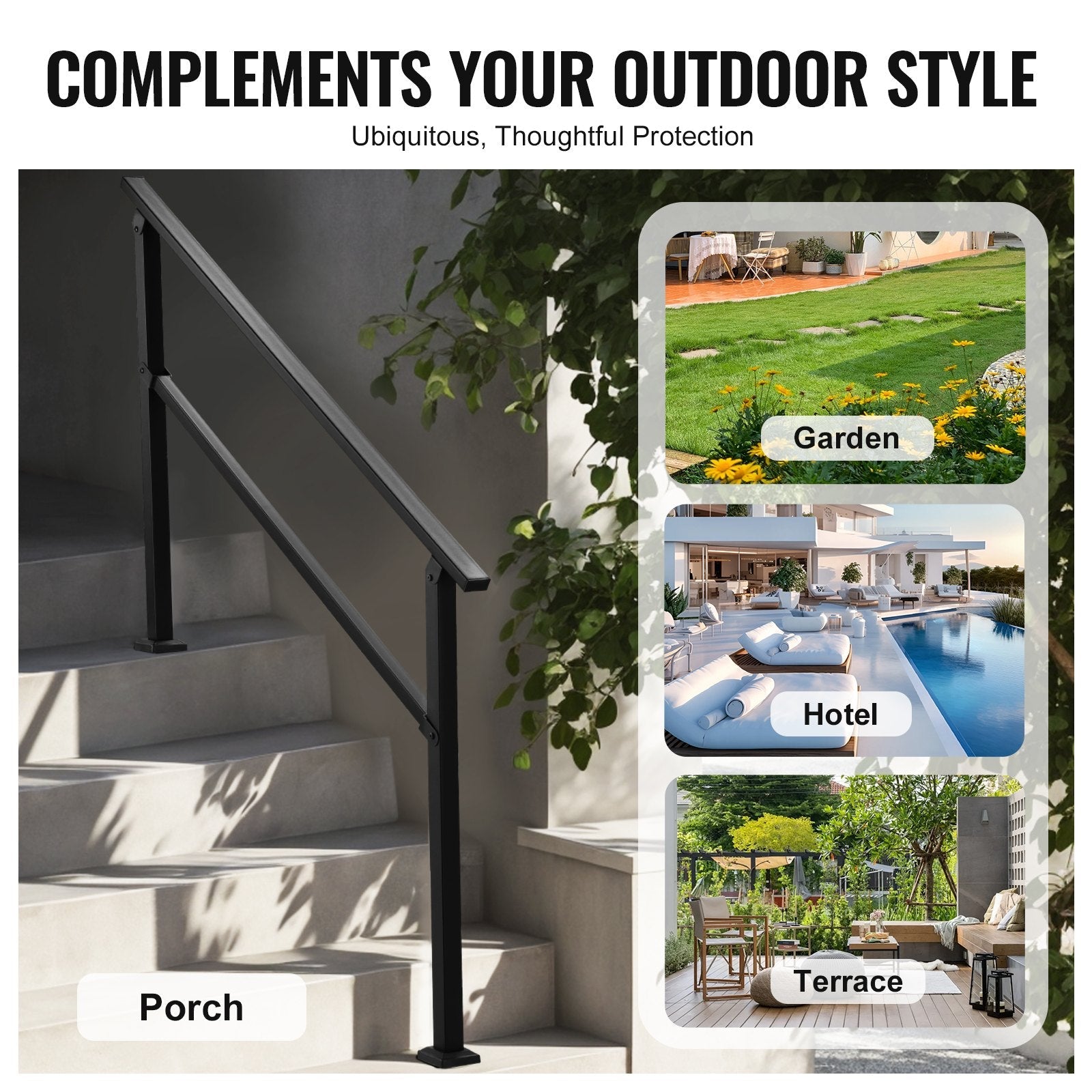 VEVOR Outdoor Handrails for 4-5 Step Stairs Black Square Tube Easy Install