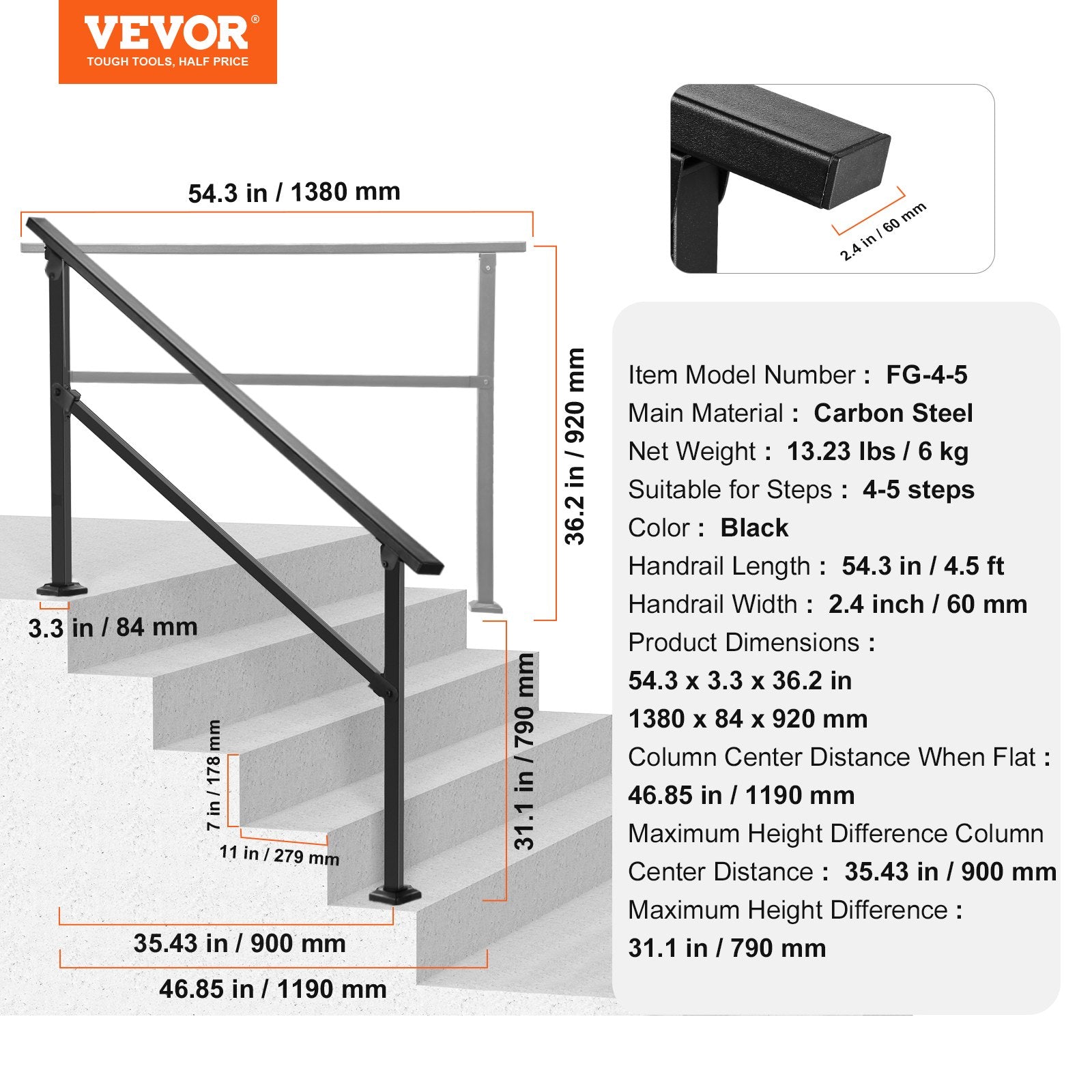 VEVOR Outdoor Handrails for 4-5 Step Stairs Black Square Tube Easy Install