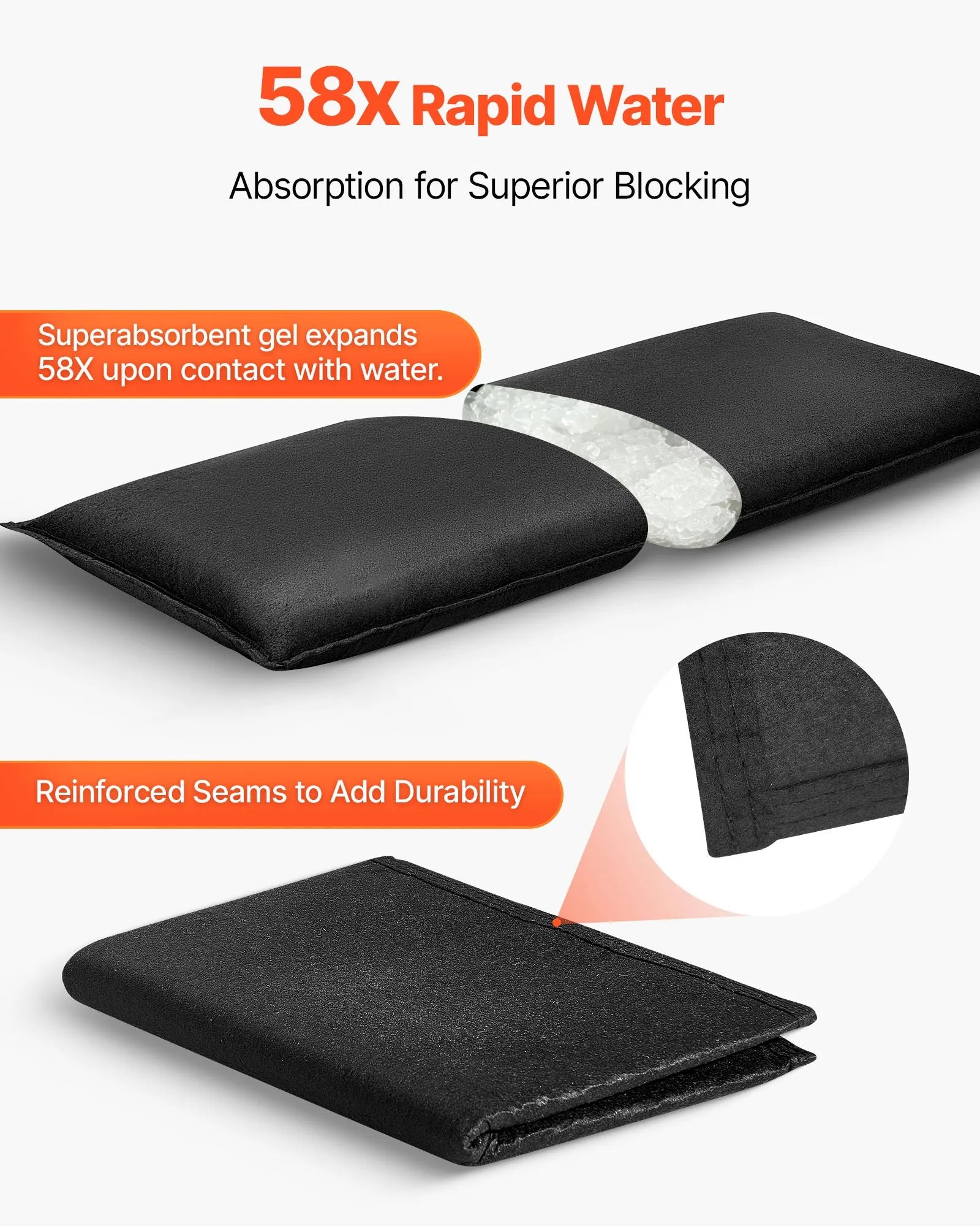 VEVOR Flood Barrier, 6 Pack, 2.7 x 1.4 ft Flood Bags Activated by Water, Reusable Water Absorbent Barrier, Sandless Sandbags Blockage, Flooding Prevention Bags for Home, Doorways, Basement, Garage