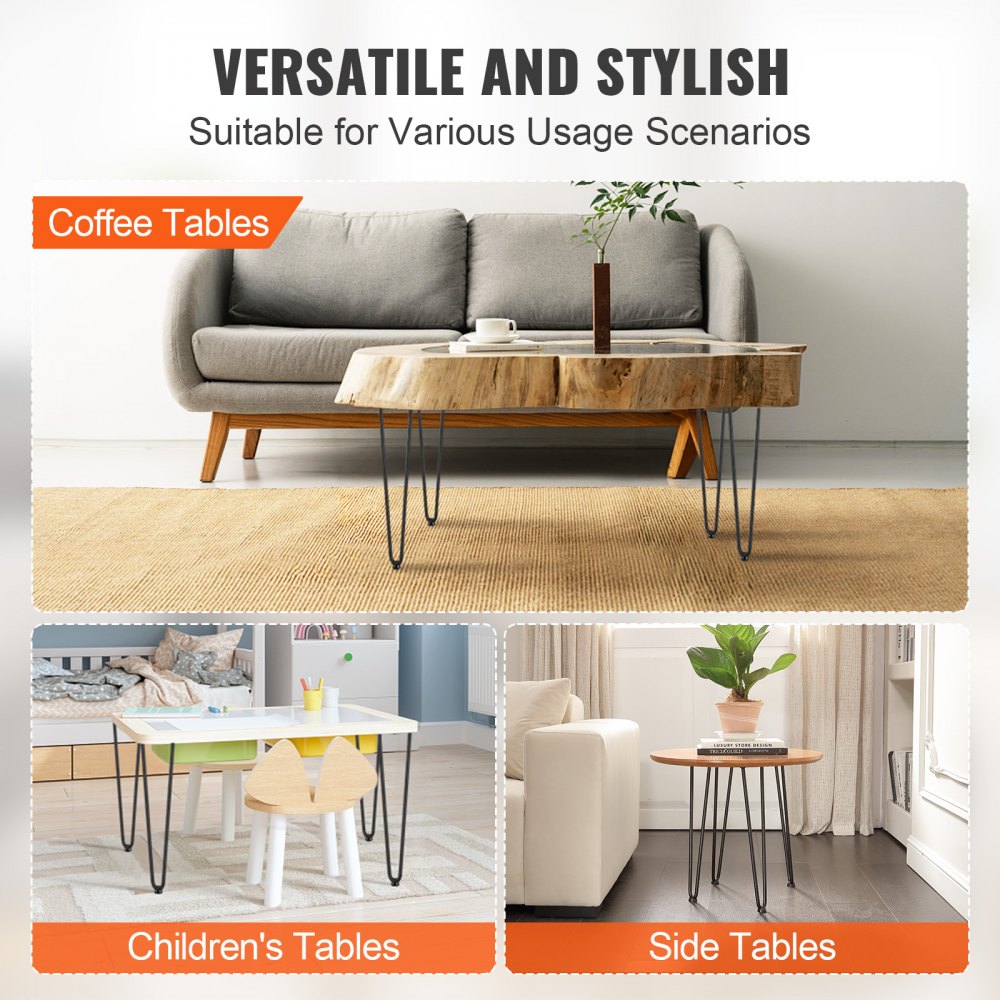 VEVOR 16" Hairpin Furniture Legs, Metal Home DIY Projects for Nightstand, Coffee Table, Desk, 500lbs Load Capacity with Rubber Floor Protectors, Metal Heavy Duty Sturdy Modern Table Legs, 4PCS Black