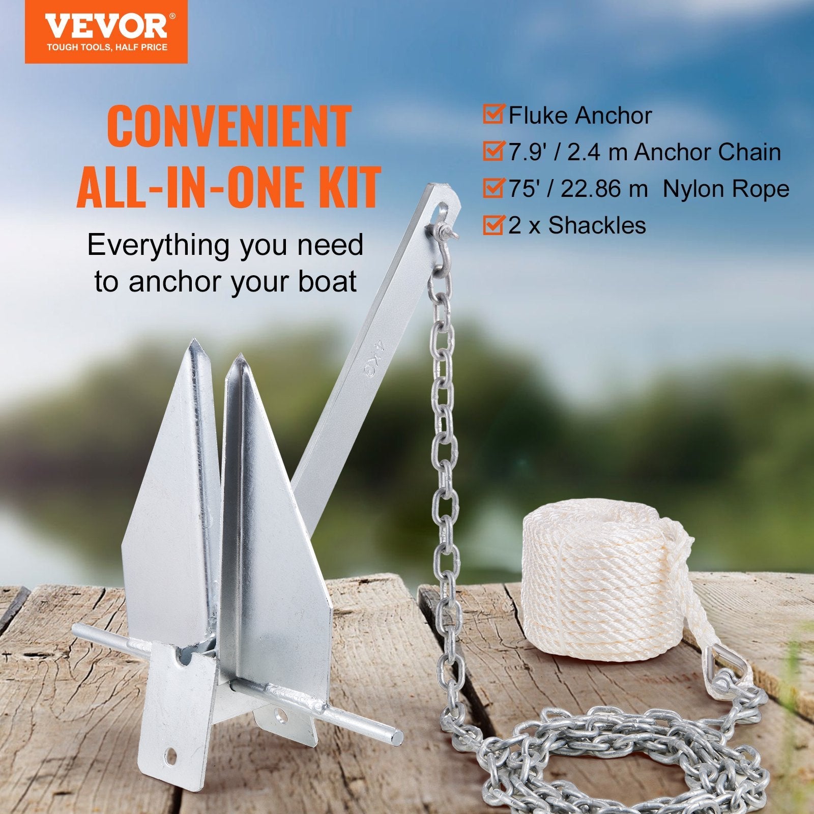 VEVOR Anchor Kit, 8.5 LBS Hot-Dipped Galvanized Steel Anchor with 7.9' Chain, 75' Rope and Two 0.4" Shackles, Marine Boat Anchor for Small Vessels Under 18', Seas, Rivers and Shores