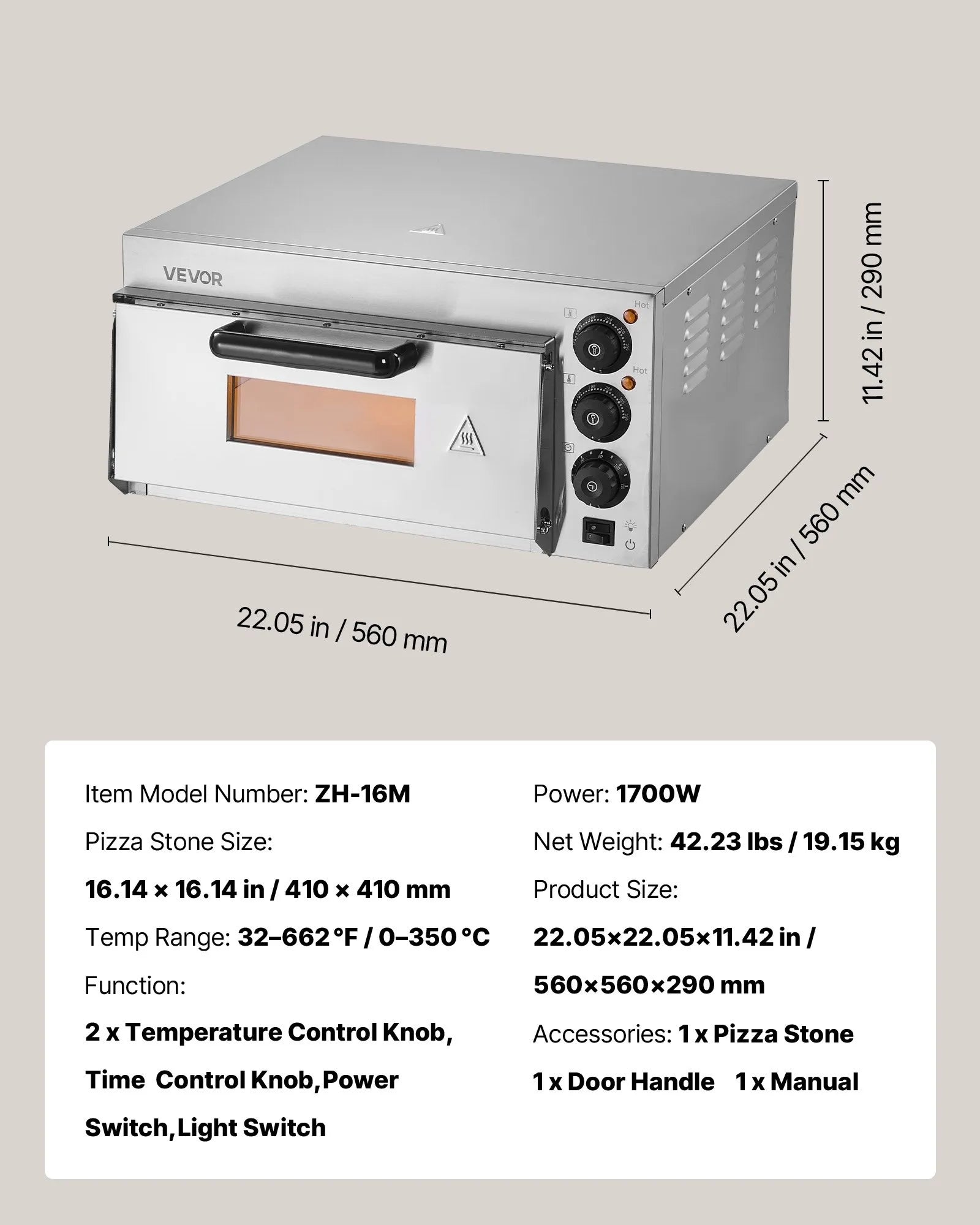 VEVOR Commercial Countertop Pizza Oven Electric Pizza Oven for 16" Pizza Indoor