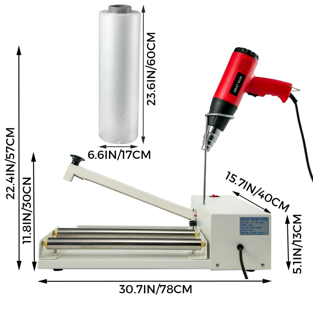 VEVOR Shrink Wrap Machine, 24 in/61 cm Sealing Length, 800W Shrink Wrap Sealer with 1800W Heat Gun and Shrink Film, Compatible with PVC POF Film and Used for Books, Toys and Foods