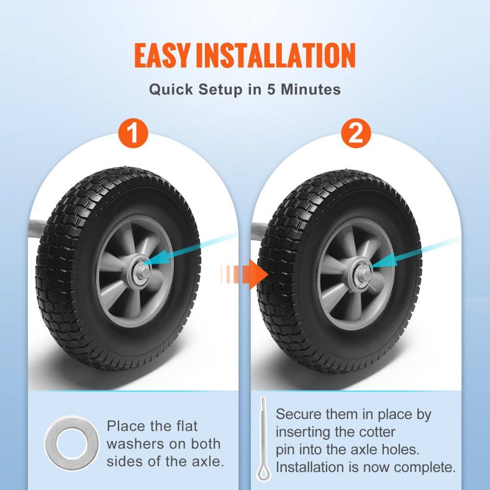 VEVOR Solid PU Run-Flat Tire Wheel, 10", 2-Pack, 180 lbs Dynamic Load, 220 lbs Static Load, Flat Free Tubeless Tires and Wheels for Hand Truck, Utility Cart, Dollies, Garden Trailers, Various Carts