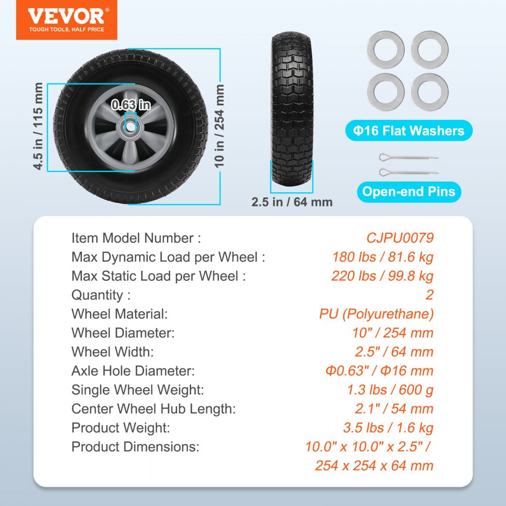 VEVOR Solid PU Run-Flat Tire Wheel, 10", 2-Pack, 180 lbs Dynamic Load, 220 lbs Static Load, Flat Free Tubeless Tires and Wheels for Hand Truck, Utility Cart, Dollies, Garden Trailers, Various Carts