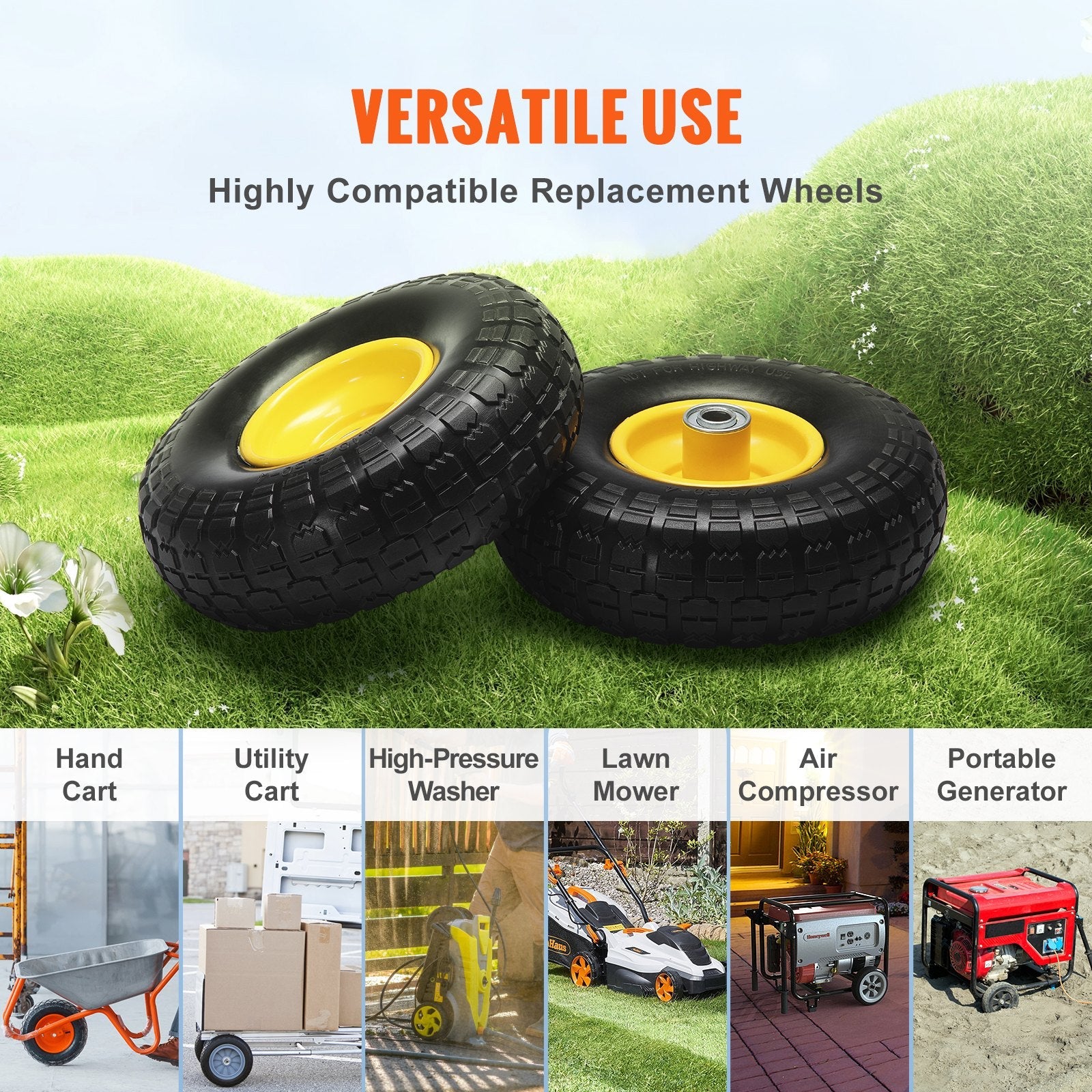 VEVOR Solid PU Run-Flat Tire Wheel, 10", 2-Pack, 400 lbs Dynamic Load, 450 lbs Static Load, Flat Free Tubeless Tires and Wheels for Hand Truck, Utility Cart, Dollies, Garden Trailers, Various Carts
