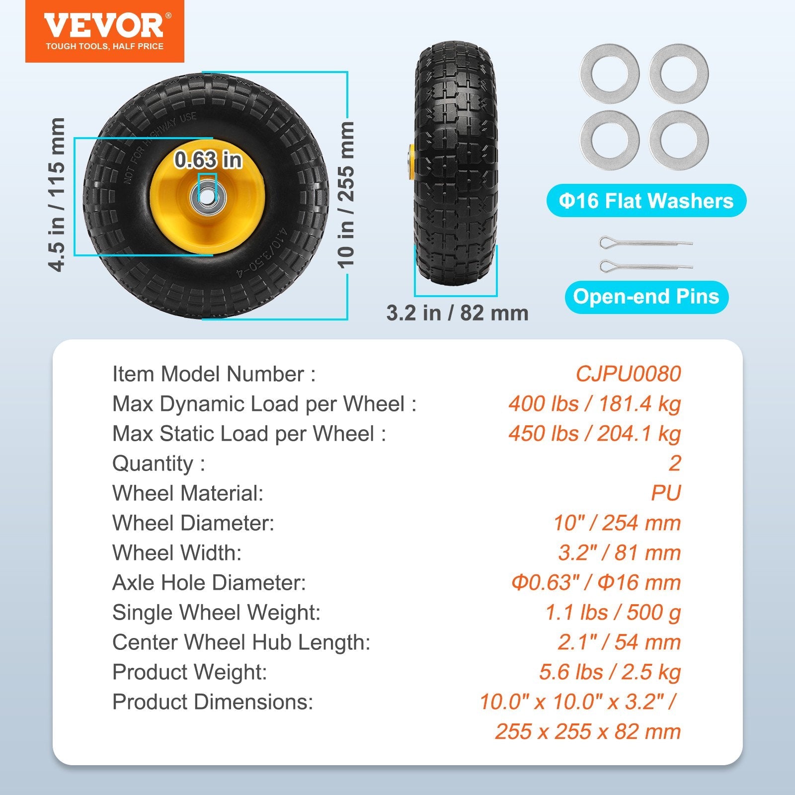 VEVOR Solid PU Run-Flat Tire Wheel, 10", 2-Pack, 400 lbs Dynamic Load, 450 lbs Static Load, Flat Free Tubeless Tires and Wheels for Hand Truck, Utility Cart, Dollies, Garden Trailers, Various Carts