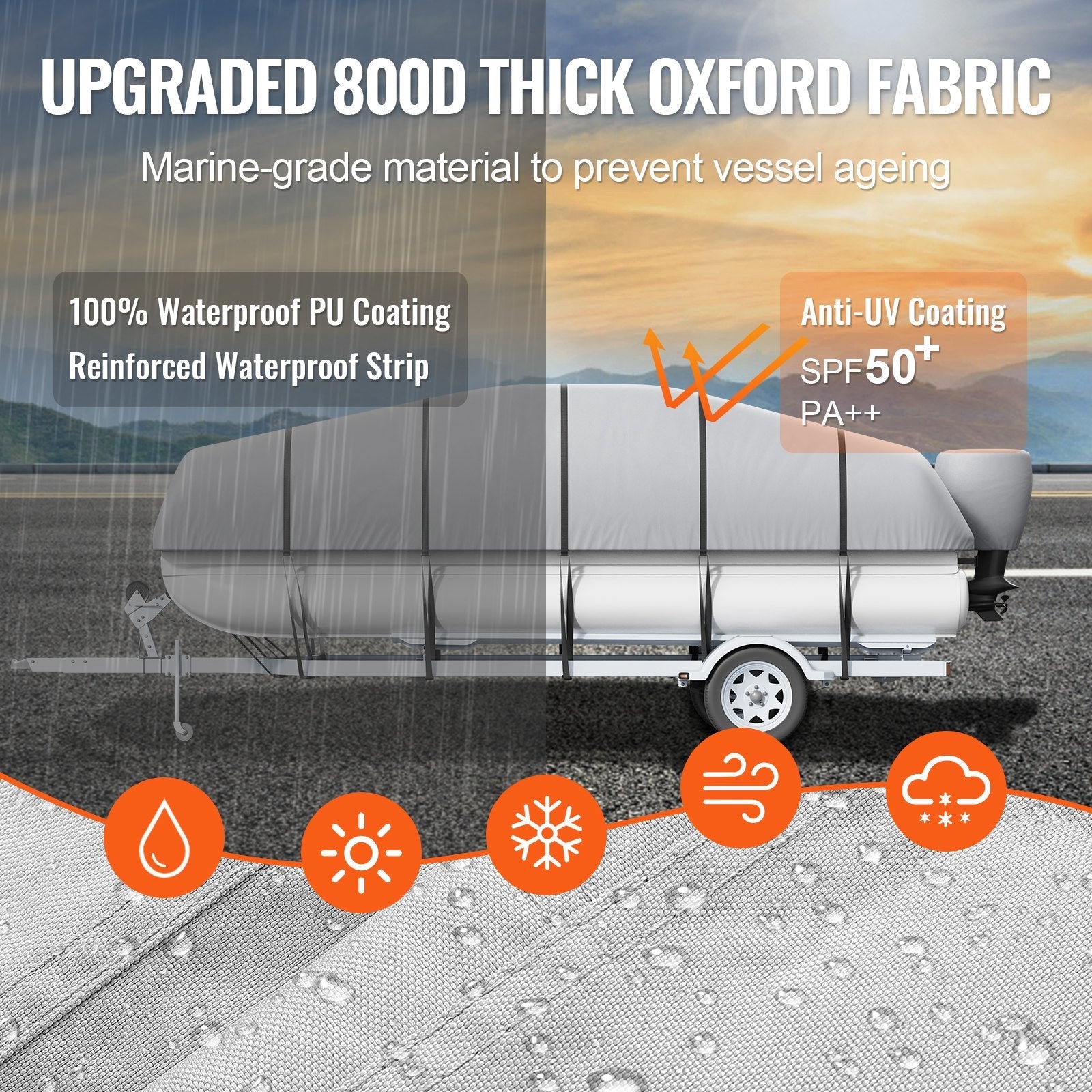 VEVOR Pontoon Boat Cover, 19'-20' Waterproof Trailerable Pontoon Cover, 800D Marine Grade PU Oxford Fabric, with Motor Cover, 16 Windproof Buckle Straps, Fits for 19'-20'L, Beam Width to 96", Grey