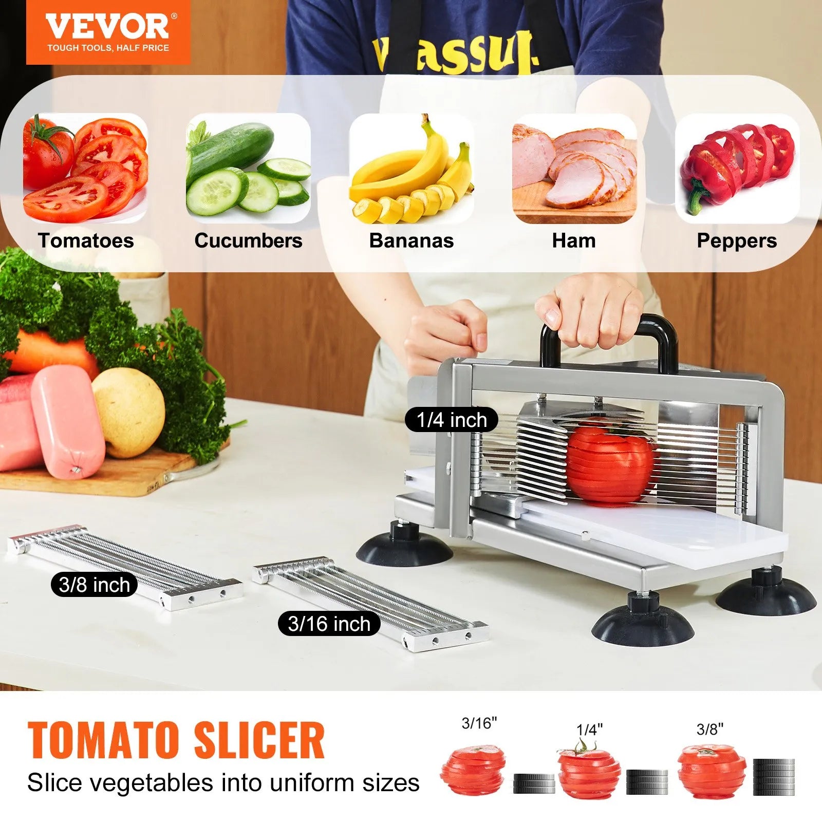 VEVOR Commercial Tomato Slicer, 1/4"+3/8"+3/16" Tomato Cutter Slicer, Stainless Steel Heavy Duty Tomato Slicer Machine, Manual Tomato Slicer with Non-slip Feet, Cutting Tomatoes, Cucumbers, Bananas