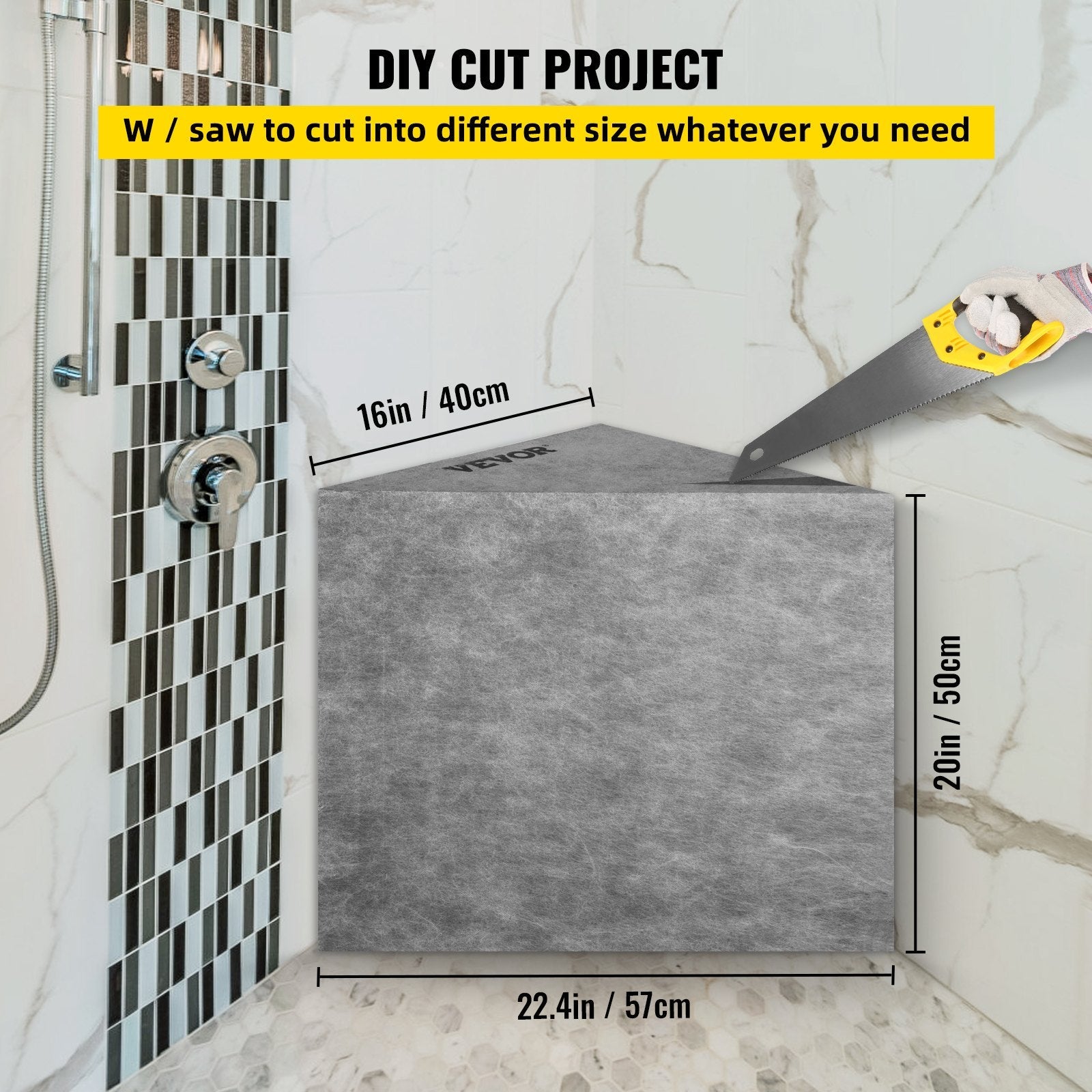 VEVOR Tile Shower Seat, 22.4" x 16" x 20" Ready to Tile Shower Seat, Factory Waterproof & 100% Leak Proof Tileable Shower Corner Seat, 440lbs Load-Bearing Triangular Board Shower Bench, Grey