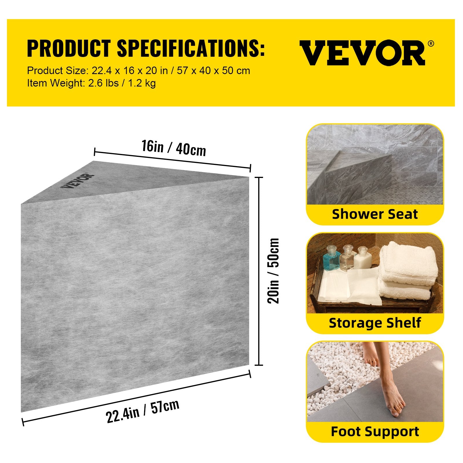 VEVOR Tile Shower Seat, 22.4" x 16" x 20" Ready to Tile Shower Seat, Factory Waterproof & 100% Leak Proof Tileable Shower Corner Seat, 440lbs Load-Bearing Triangular Board Shower Bench, Grey