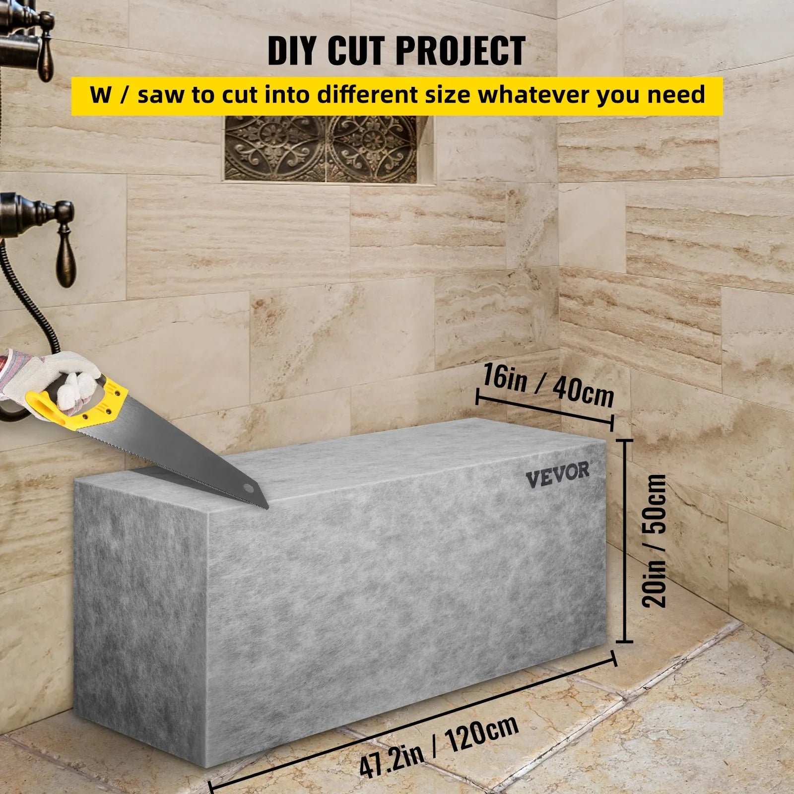 VEVOR Tile Shower Seat, 47.2" x 16" x 20" Ready To Tile Shower Seat, Factory Waterproof & 100% Leak Proof Tileable Shower Corner Seat, 440 lbs Load-bearing Rectangular Board Shower Bench