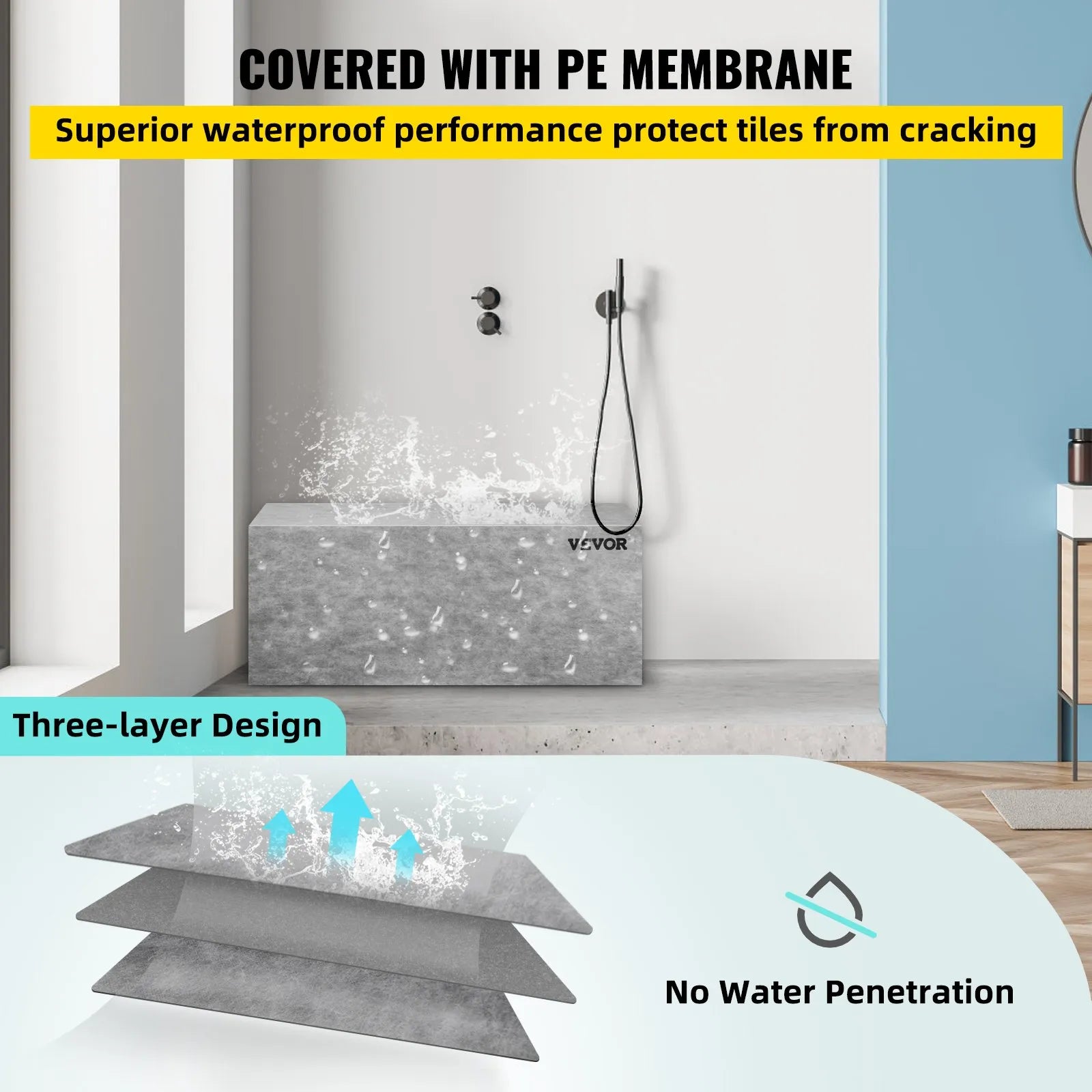 VEVOR Tile Shower Seat, 47.2" x 16" x 20" Ready To Tile Shower Seat, Factory Waterproof & 100% Leak Proof Tileable Shower Corner Seat, 440 lbs Load-bearing Rectangular Board Shower Bench