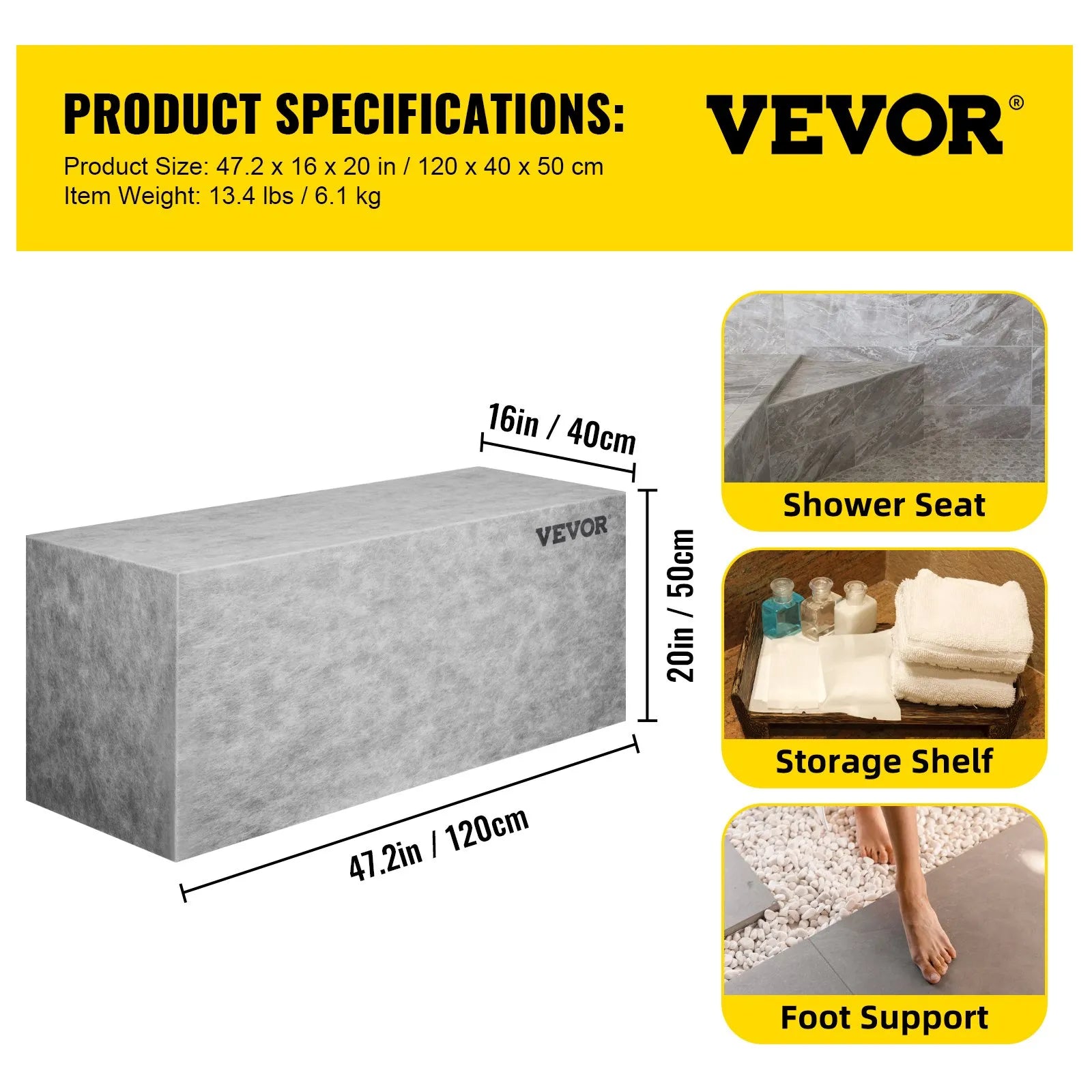 VEVOR Tile Shower Seat, 47.2" x 16" x 20" Ready To Tile Shower Seat, Factory Waterproof & 100% Leak Proof Tileable Shower Corner Seat, 440 lbs Load-bearing Rectangular Board Shower Bench