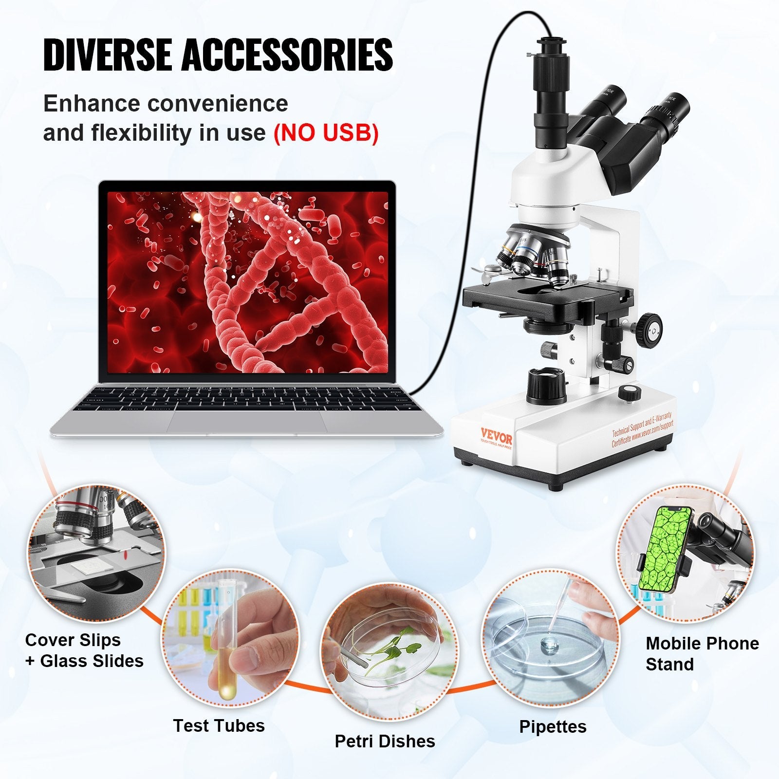 VEVOR Compound Trinocular Microscope, 40X-5000X Magnification, Trinocular Compound Lab Microscope with LED Illumination & External Interface, Two-Layer Mechanical Stage, Includes Microscope Slides