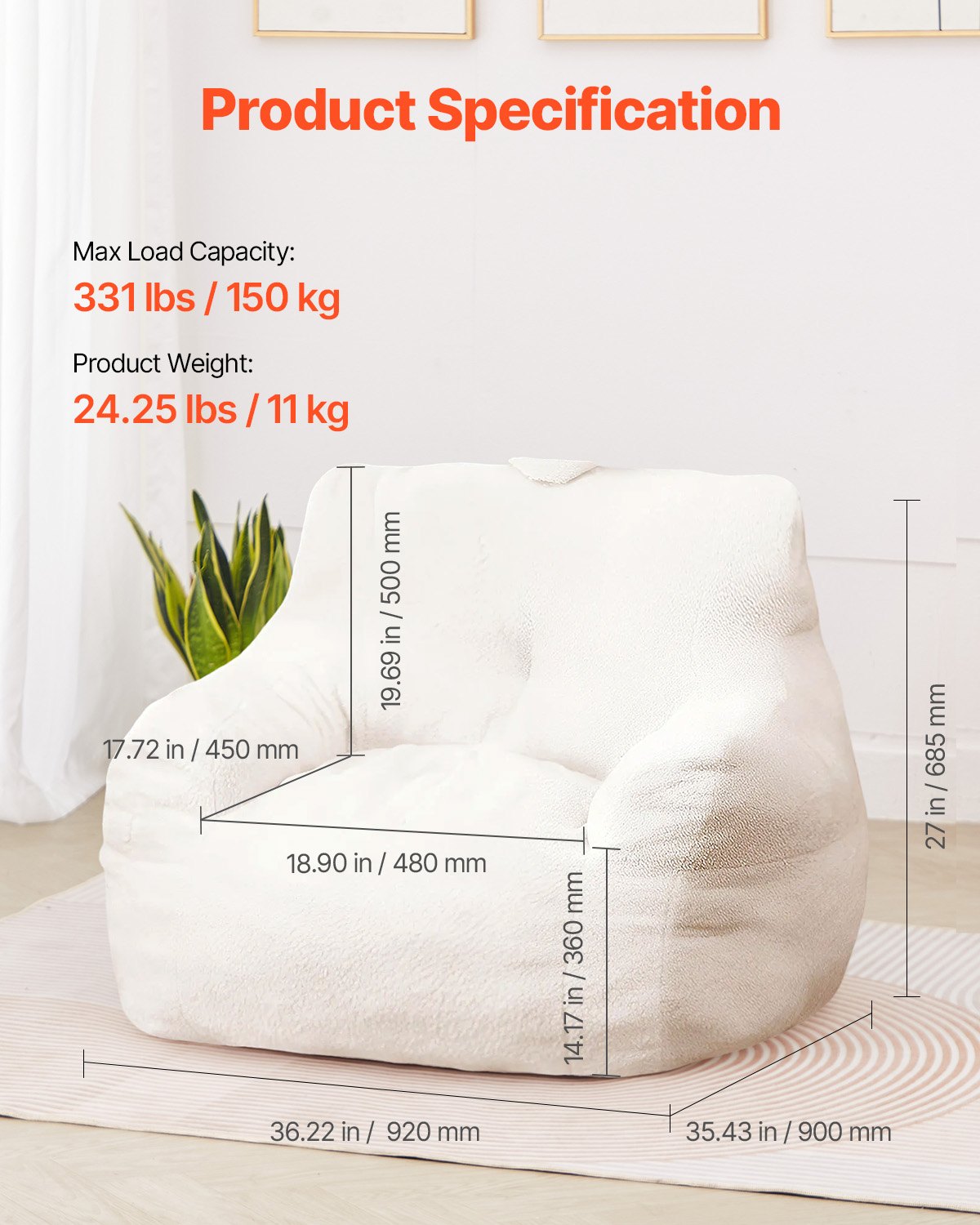 VEVOR 3 feet Bean Bag Chair with Soft Armrests and Storage Pocket White