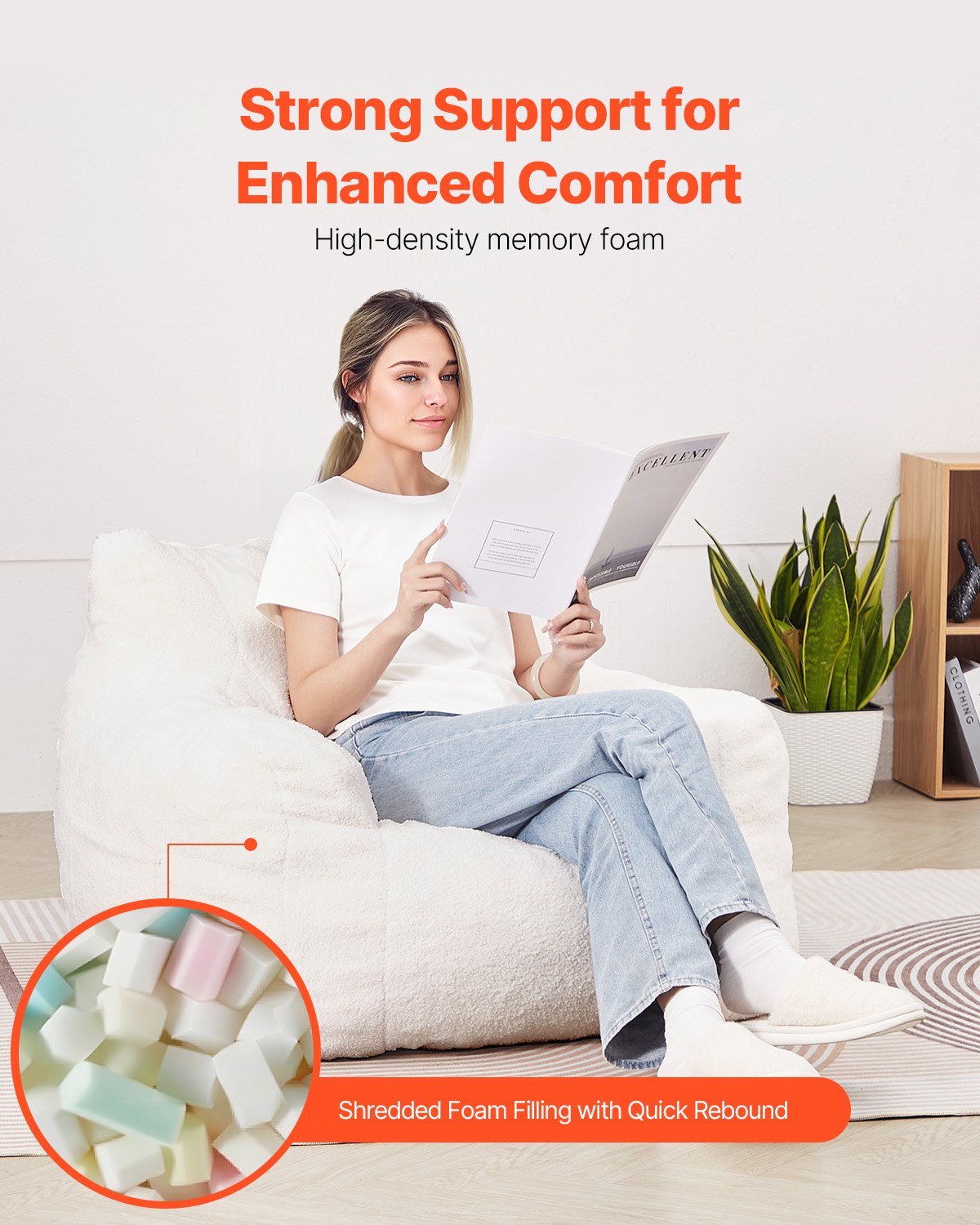 VEVOR 3 feet Bean Bag Chair with Soft Armrests and Storage Pocket White