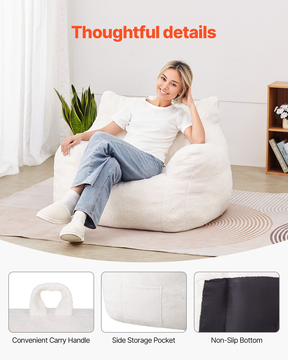 VEVOR 3 feet Bean Bag Chair with Soft Armrests and Storage Pocket White