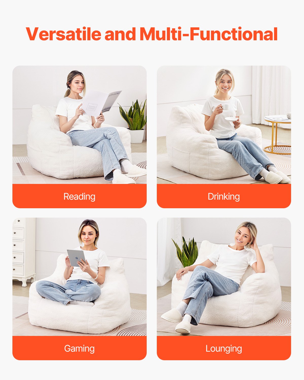 VEVOR 3 feet Bean Bag Chair with Soft Armrests and Storage Pocket White