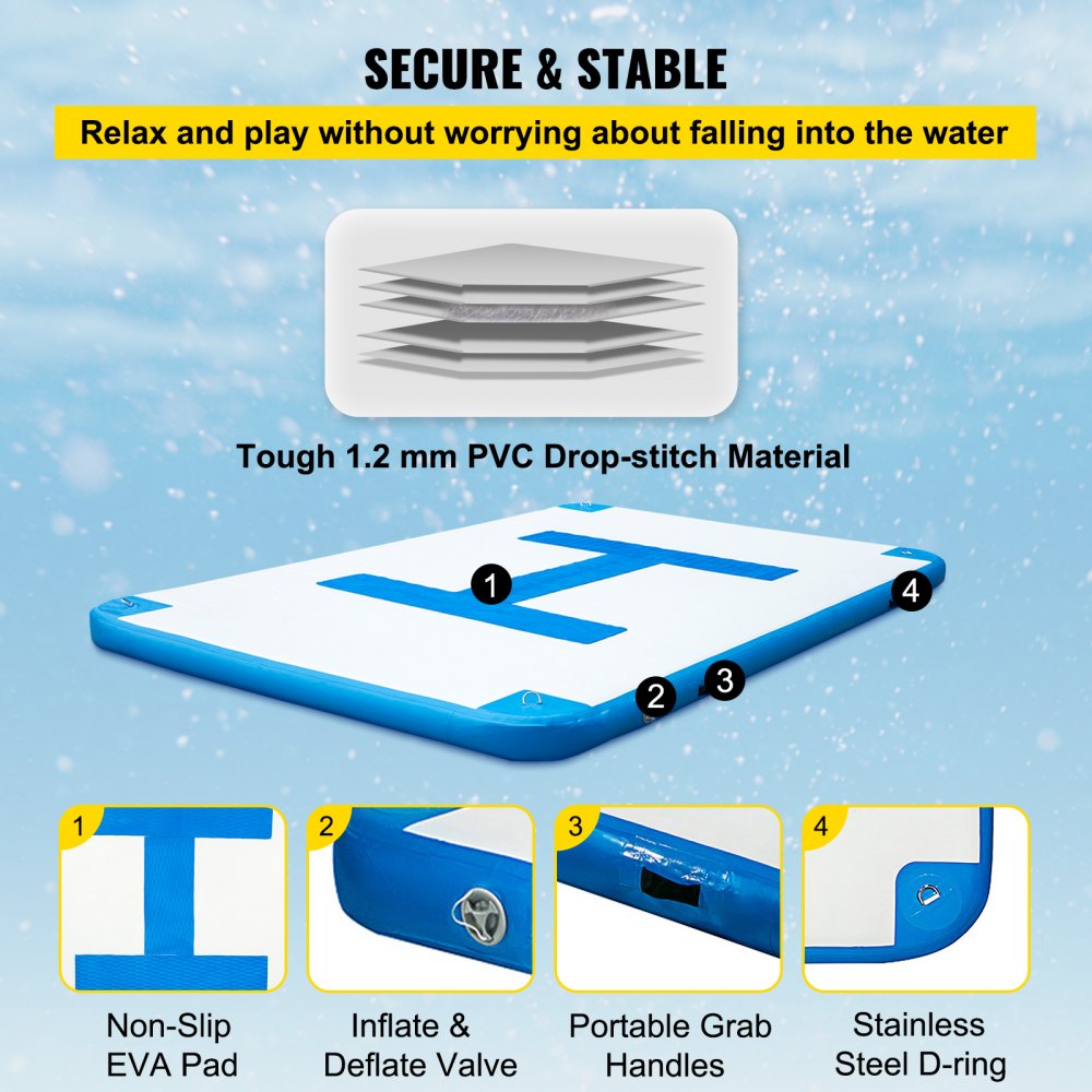 VEVOR Inflatable Floating Dock 10 x 6.5 ft, Inflatable Dock Platform with Electric Air Pump, Inflatable Swim Platform 6 Inch Thick, Floating Dock 5-6 People, Floating Platform for Pool Beach Ocean