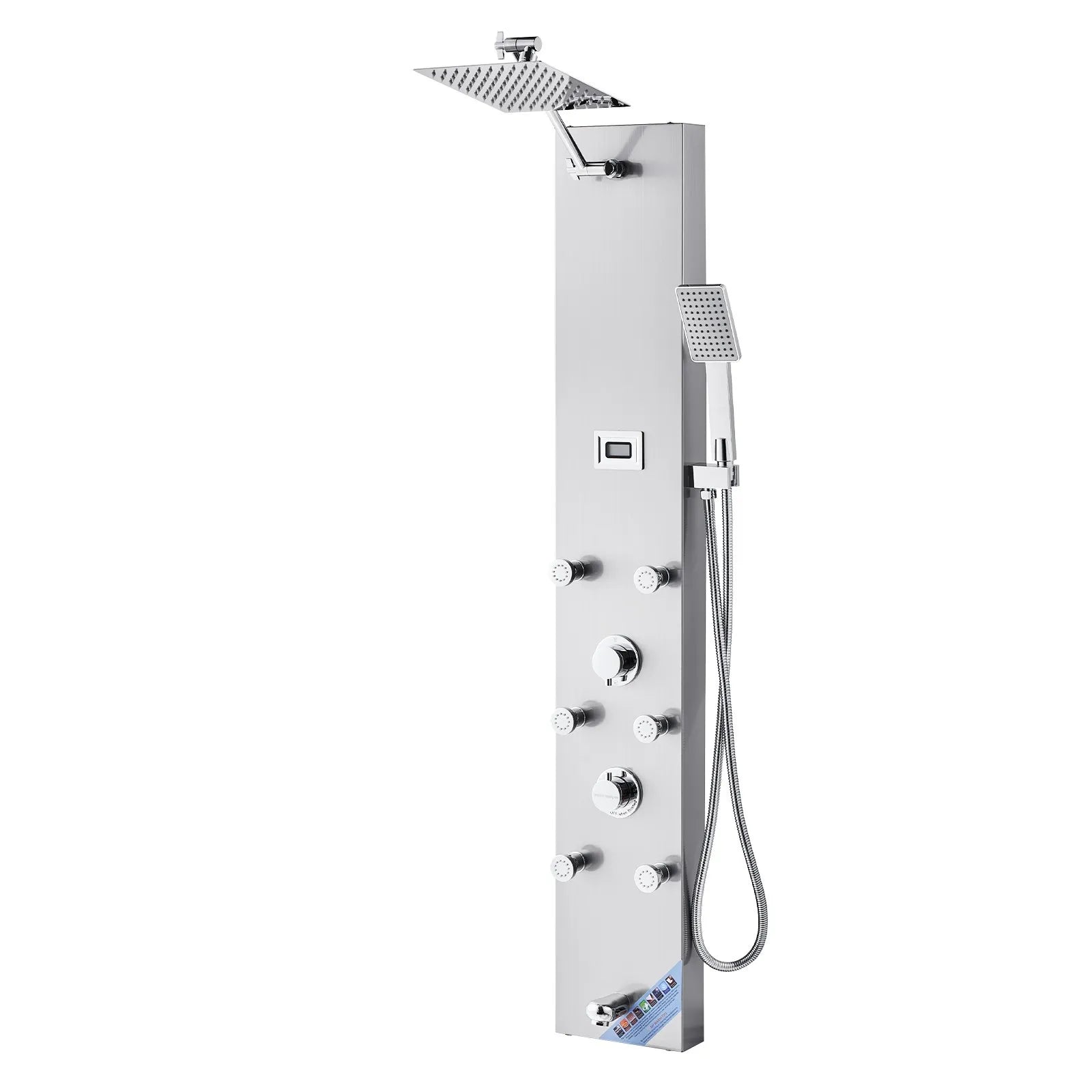 VEVOR Shower Panel Tower System with Rainfall Shower Head, LED, 49 in Brushed Stainless Steel Shower Column, 4-Function Faucet, Wall-Mount Rain Massage System with 6 Body Jets, Handheld, and Tub Spout