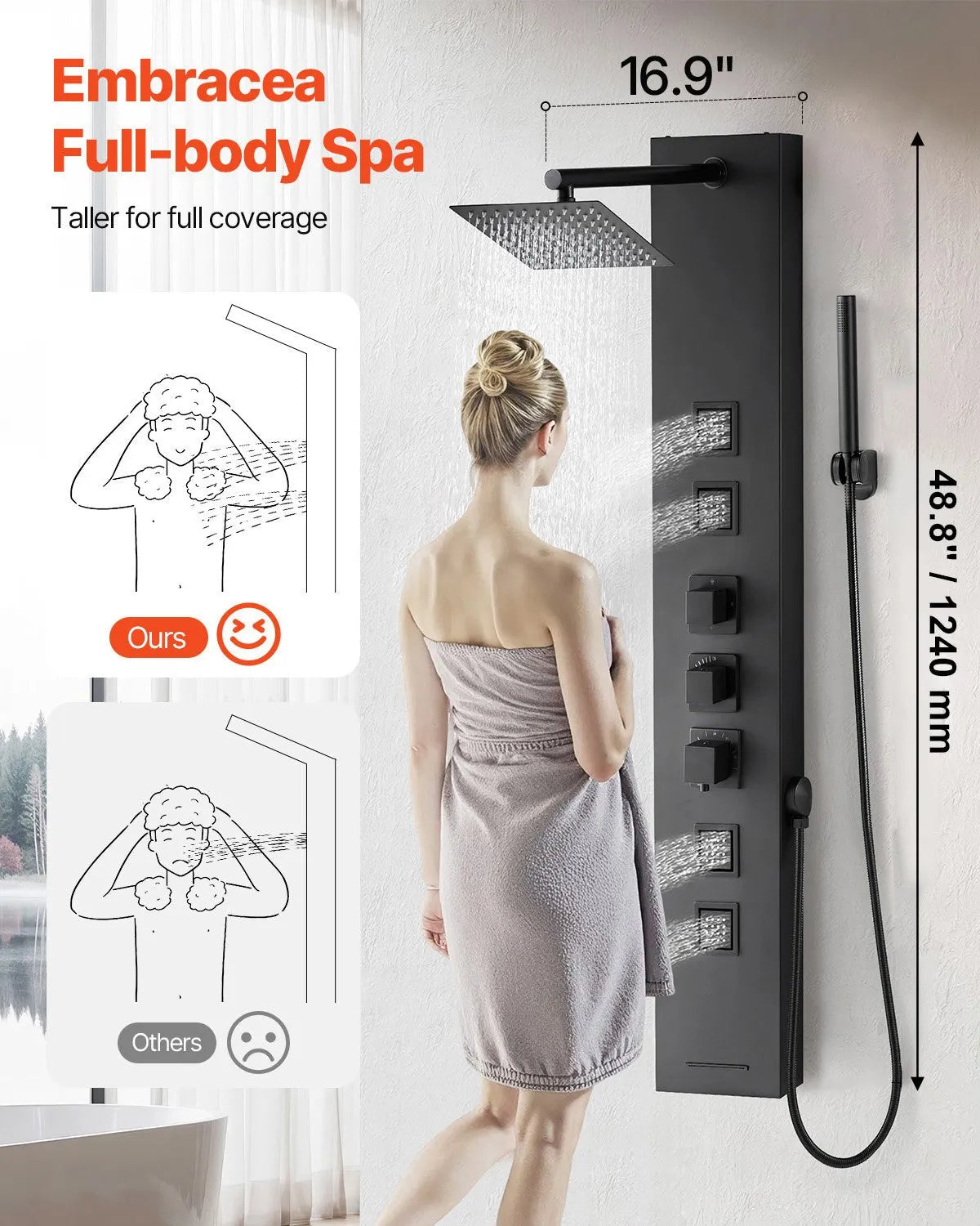 VEVOR Shower Panel Tower System with Rainfall Shower Head, 49 in Brushed Stainless Steel Shower Column, 4-Function Faucet, Wall-Mount Rain Massage System, with 4 Body Jets, Handheld, and Tub Spout