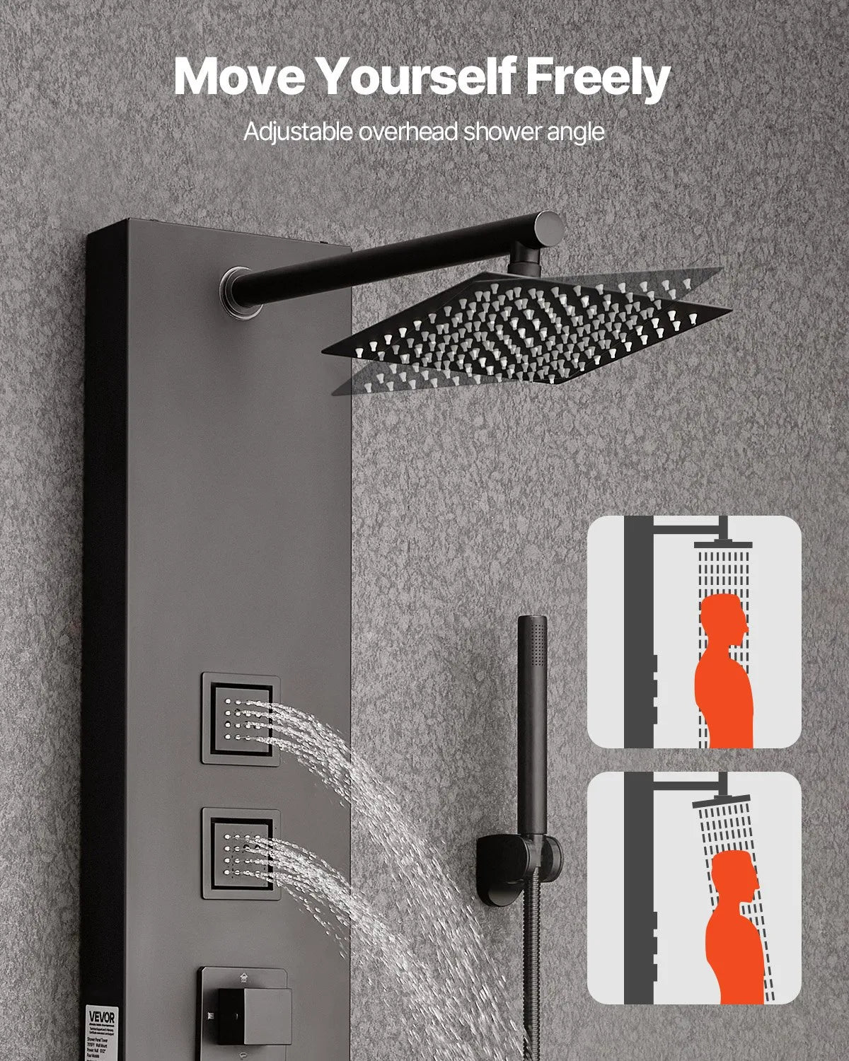 VEVOR Shower Panel Tower System with Rainfall Shower Head, 49 in Brushed Stainless Steel Shower Column, 4-Function Faucet, Wall-Mount Rain Massage System, with 4 Body Jets, Handheld, and Tub Spout