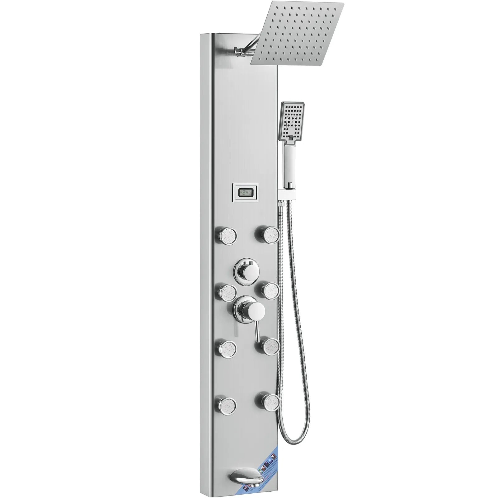 VEVOR Shower Panel System, 6 Shower Modes, Digital Display Shower Panel Tower, Rainfall, 8 Massage Jets, Tub Spout, 3-Setting Handheld Shower Head 59" Hose, Stainless Steel Wall-Mounted Shower Set