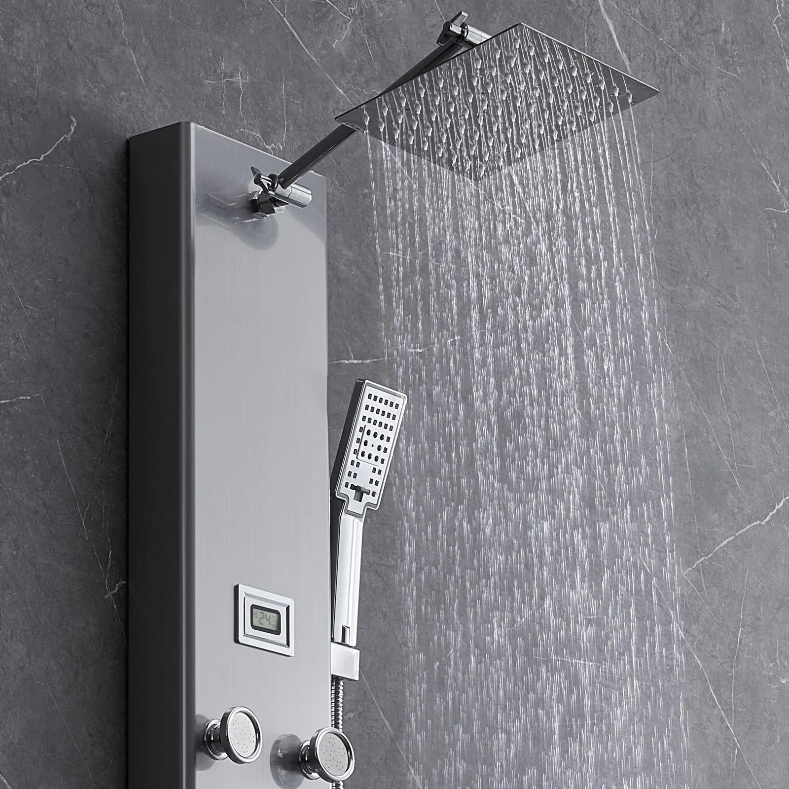 VEVOR Shower Panel System, 6 Shower Modes, Digital Display Shower Panel Tower, Rainfall, 8 Massage Jets, Tub Spout, 3-Setting Handheld Shower Head 59" Hose, Stainless Steel Wall-Mounted Shower Set
