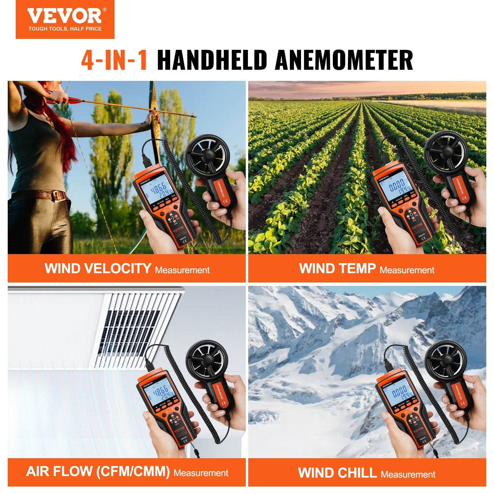 VEVOR Split Handheld Anemometer, 14?-140?, Digital Wind Speed CFM Meter Gauge with LED Backlight Screen, Measures Wind Velocity Wind Temperature Air Flow Wind Chill, for Sailing Surfing Flying HVAC