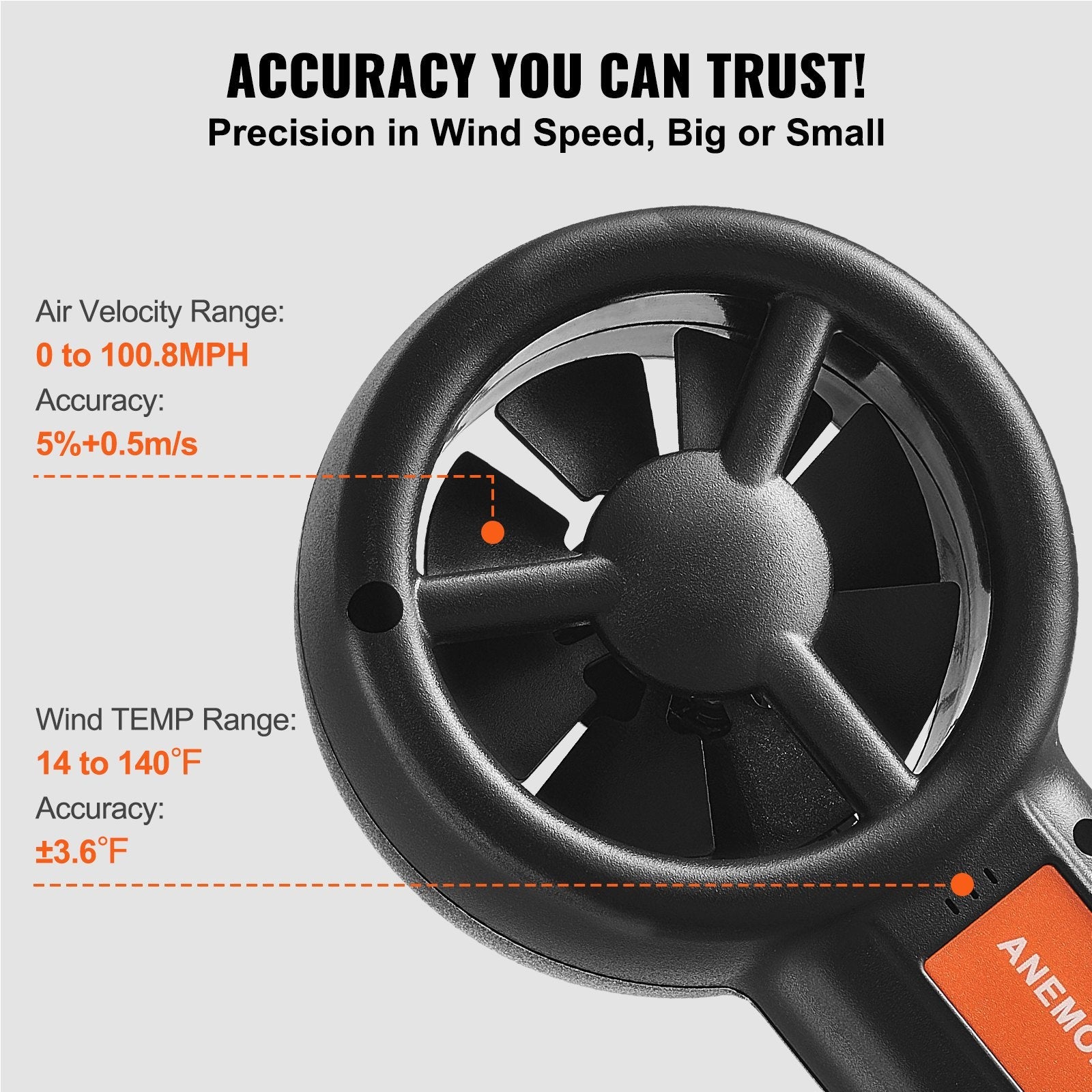 VEVOR Split Handheld Anemometer, 14?-140?, Digital Wind Speed CFM Meter Gauge with LED Backlight Screen, Measures Wind Velocity Wind Temperature Air Flow Wind Chill, for Sailing Surfing Flying HVAC