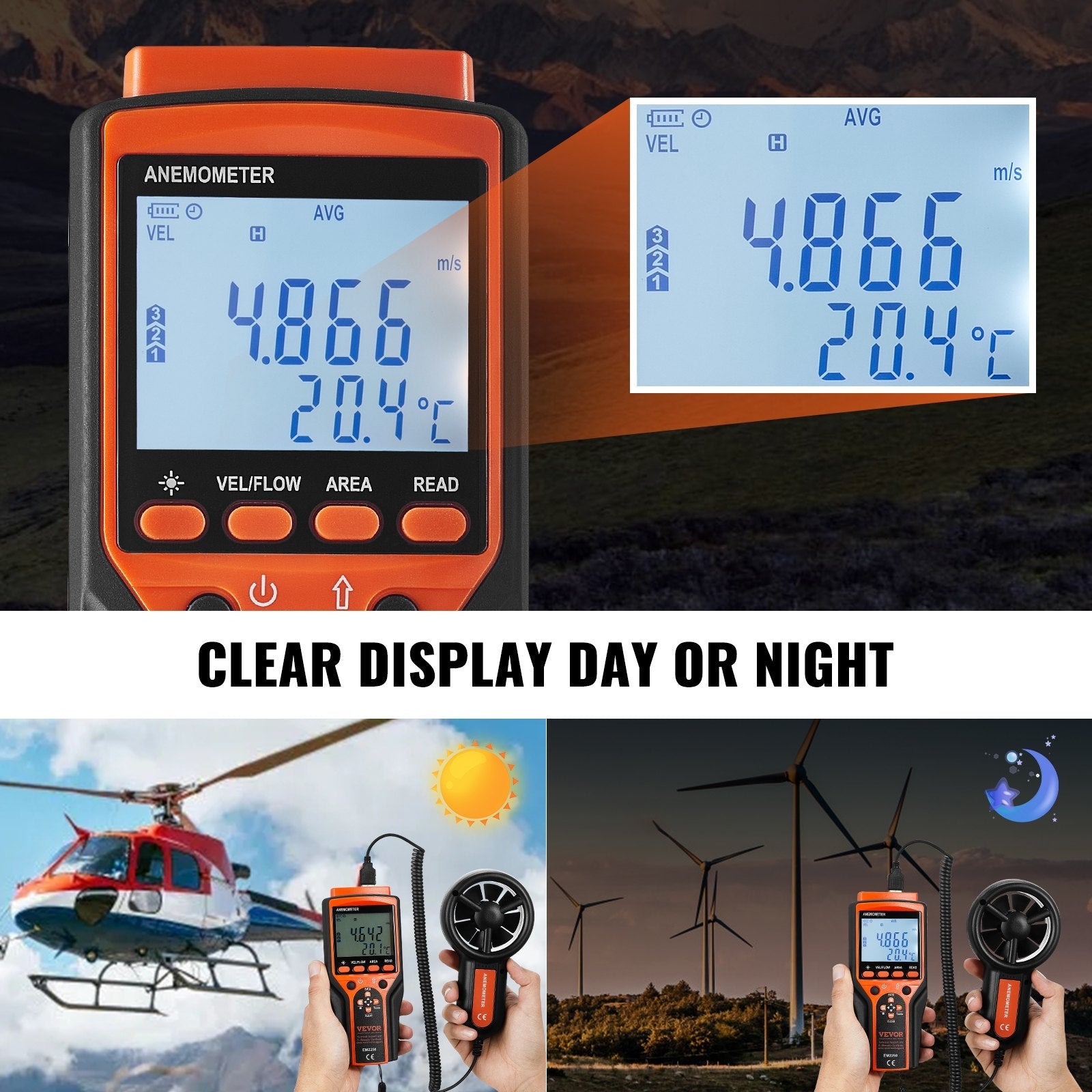 VEVOR Split Handheld Anemometer, 14?-140?, Digital Wind Speed CFM Meter Gauge with LED Backlight Screen, Measures Wind Velocity Wind Temperature Air Flow Wind Chill, for Sailing Surfing Flying HVAC