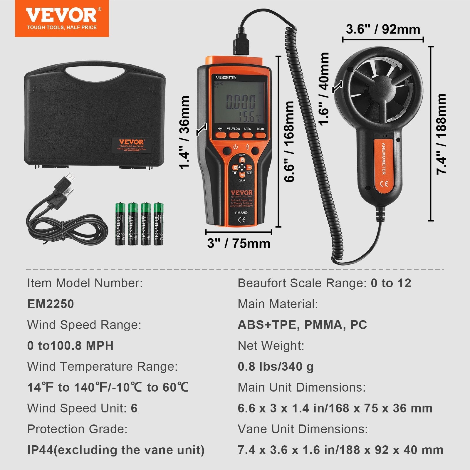 VEVOR Split Handheld Anemometer, 14?-140?, Digital Wind Speed CFM Meter Gauge with LED Backlight Screen, Measures Wind Velocity Wind Temperature Air Flow Wind Chill, for Sailing Surfing Flying HVAC