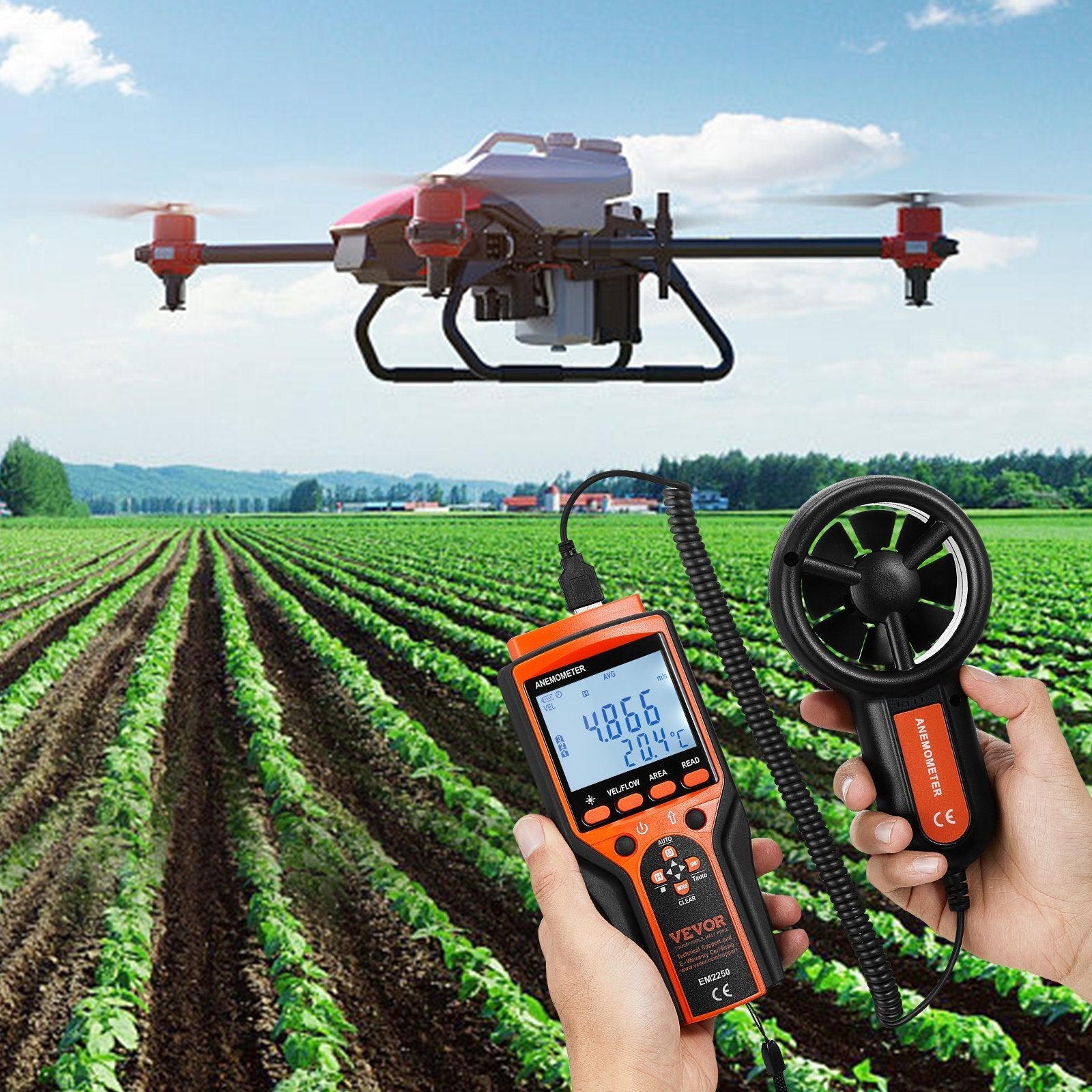 VEVOR Split Handheld Anemometer, 14?-140?, Digital Wind Speed CFM Meter Gauge with LED Backlight Screen, Measures Wind Velocity Wind Temperature Air Flow Wind Chill, for Sailing Surfing Flying HVAC