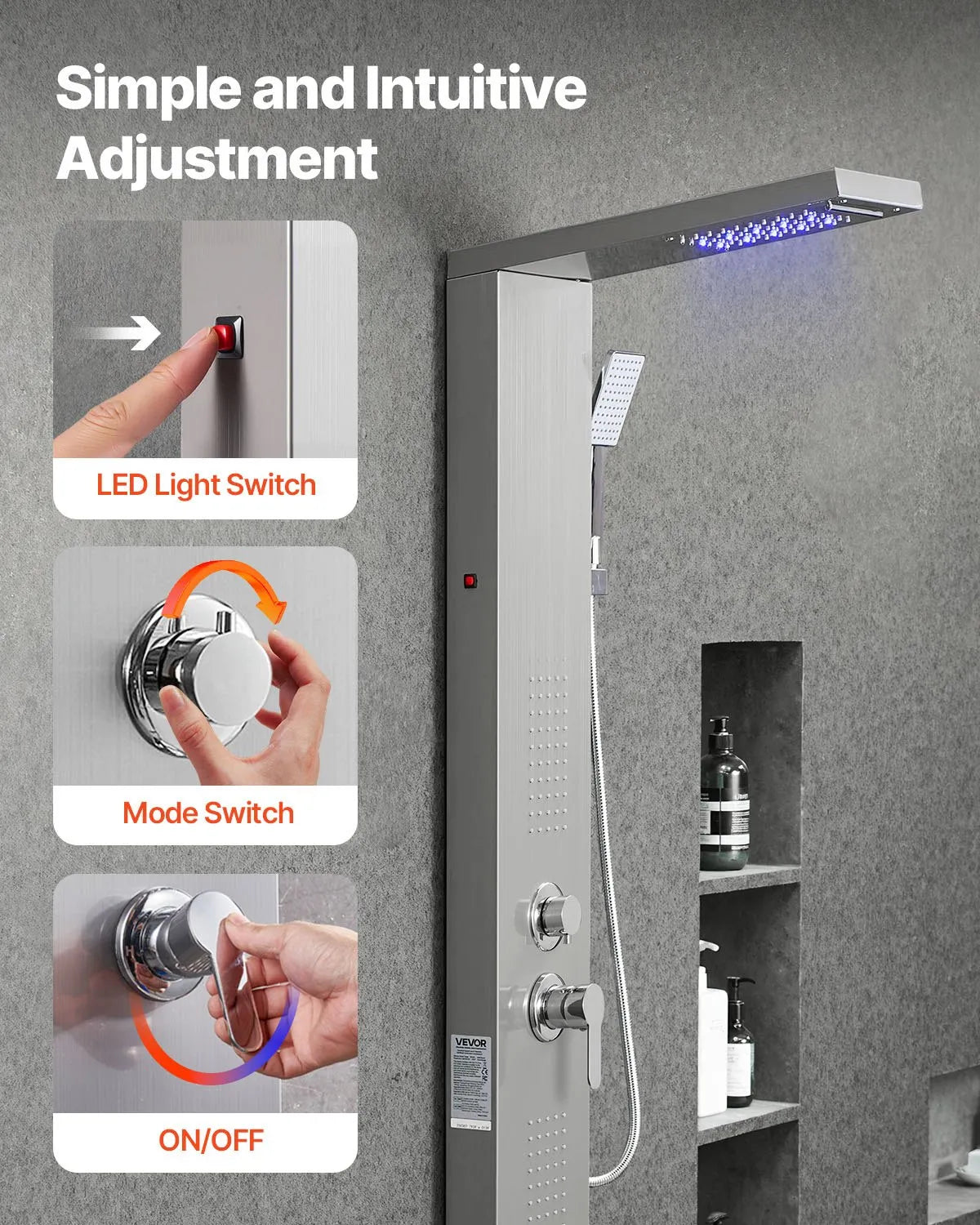 VEVOR Shower Panel Tower System Stainless Steel Column Rainfall Head 5 Modes