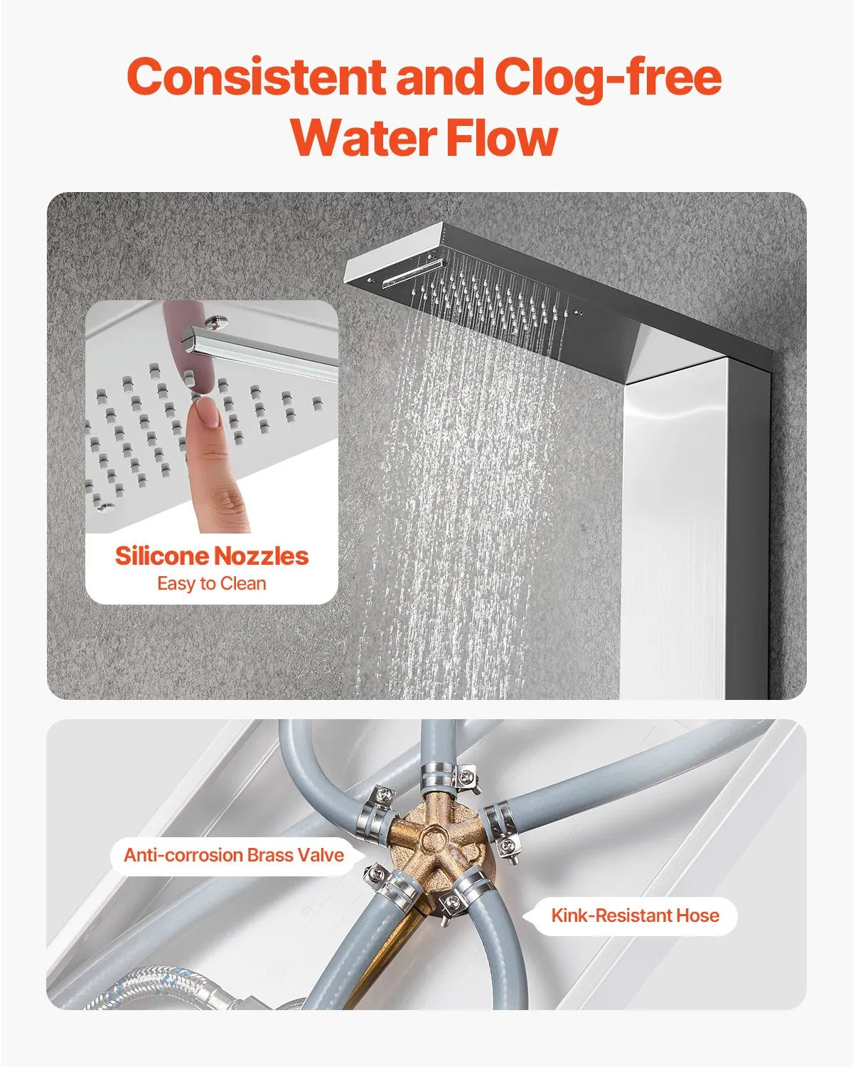 VEVOR Shower Panel Tower System with Rainfall Waterfall Shower Head, 53 in Brushed Stainless Steel Shower Column, 5-Function Faucet, Wall-Mount Rain Massage System with 2 Body Jet, Handheld, Tub Spout