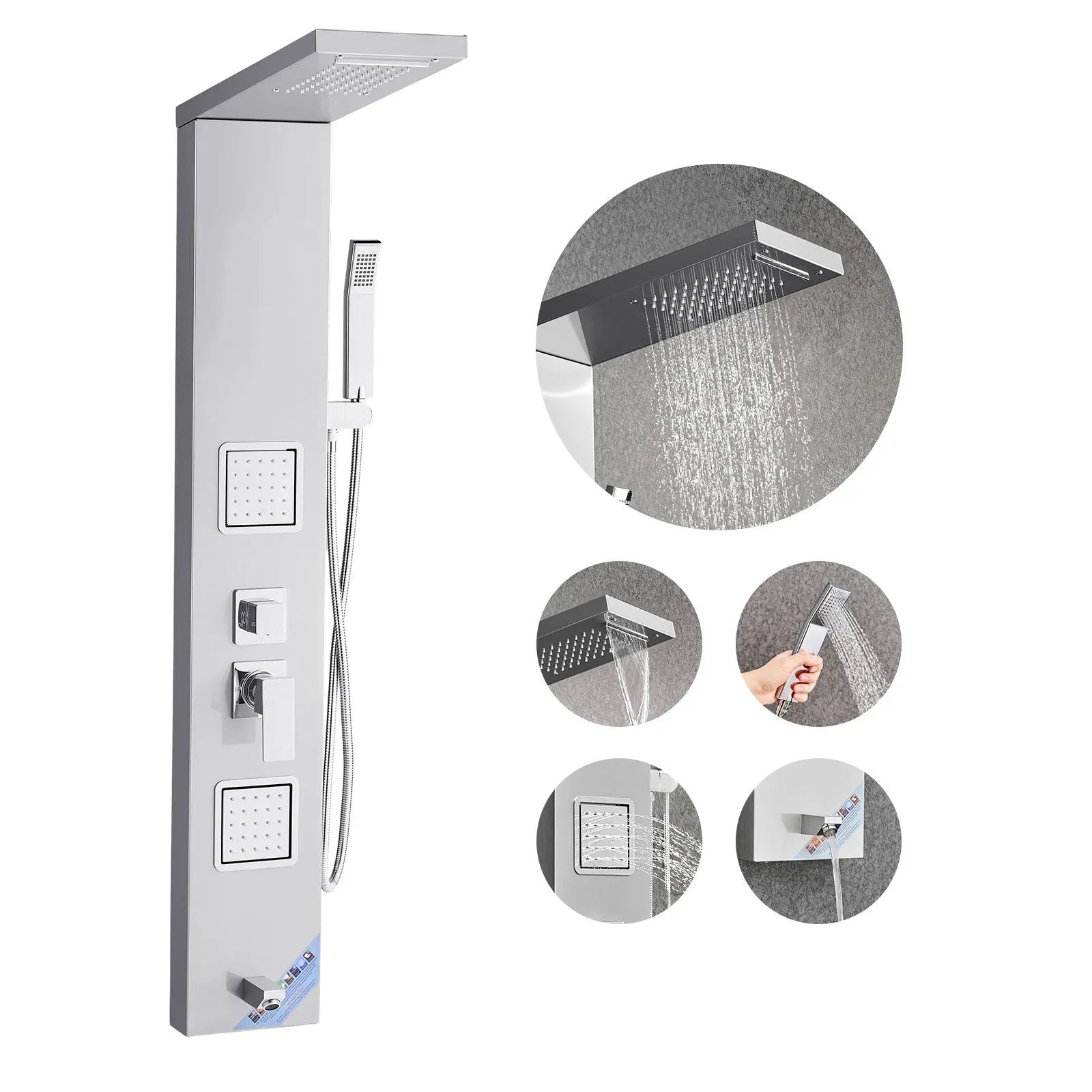 VEVOR Shower Panel Tower System with Rainfall Waterfall Shower Head, 53 in Brushed Stainless Steel Shower Column, 5-Function Faucet, Wall-Mount Rain Massage System with 2 Body Jet, Handheld, Tub Spout