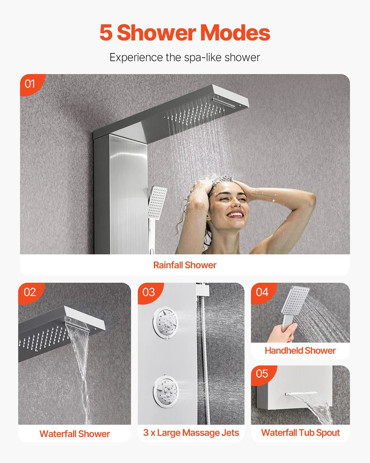 VEVOR Shower Panel Tower System with Rainfall Waterfall Shower Head, 53 in Brushed Stainless Steel Shower Column, 5-Function Faucet, Wall-Mount Rain Massage System with 3 Body Jet, Handheld, Tub Spout