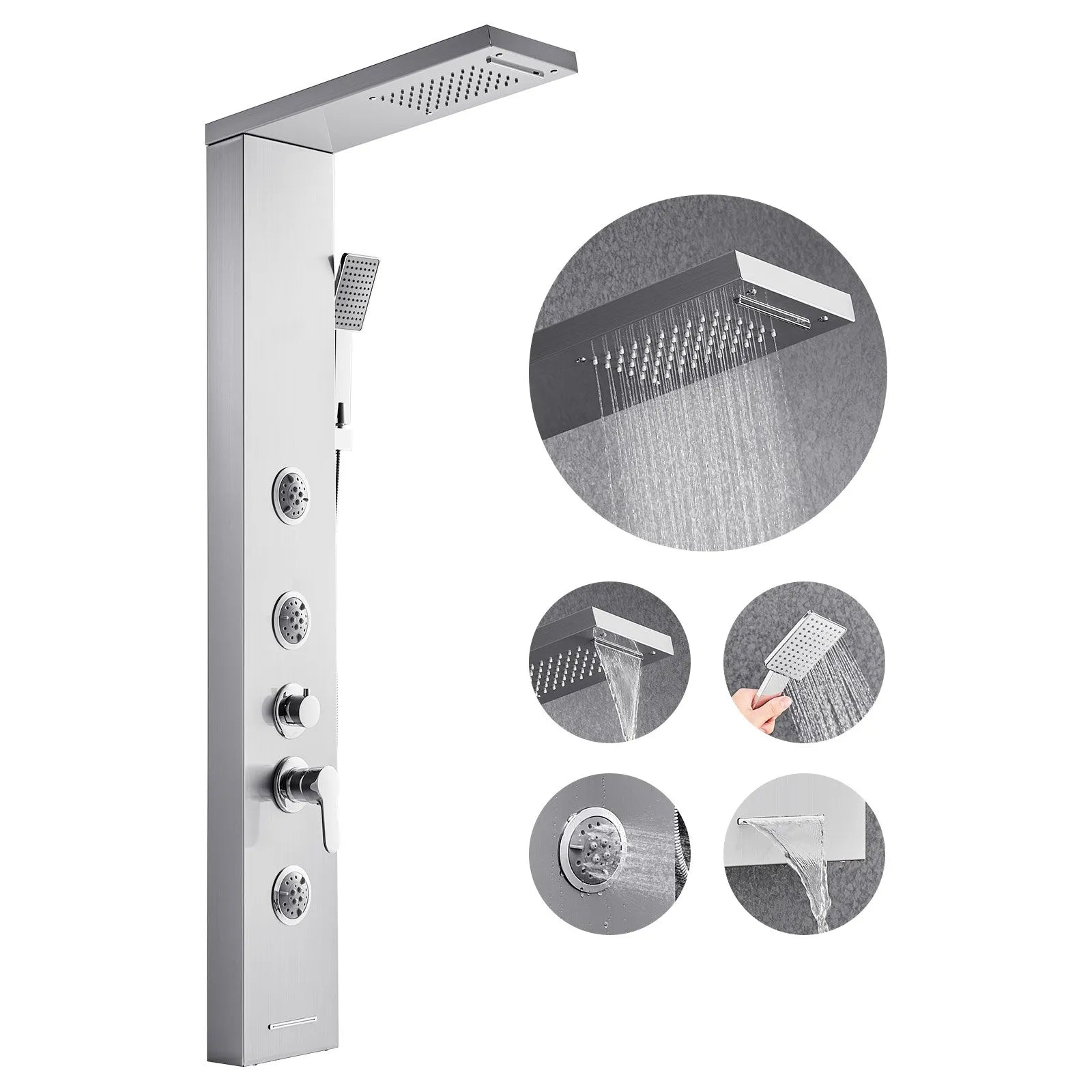 VEVOR Shower Panel Tower System with Rainfall Waterfall Shower Head, 53 in Brushed Stainless Steel Shower Column, 5-Function Faucet, Wall-Mount Rain Massage System with 3 Body Jet, Handheld, Tub Spout