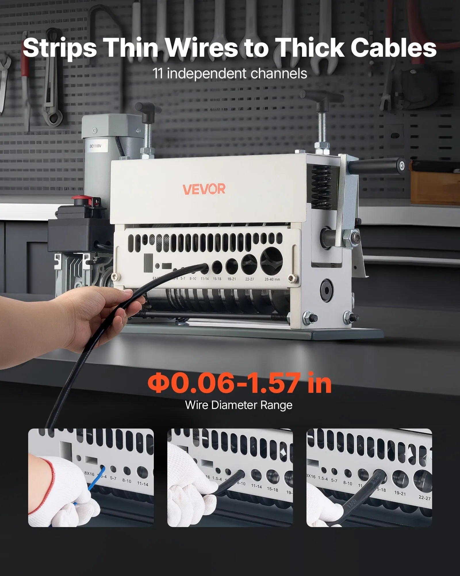 VEVOR Electric Wire Stripper Machine, 0.06-1.57 in, 11 Channel Automatic Copper Cable Stripper, 370W Wire Stripper Tool with Manual Hand Crank Mode, Emergency Stop Button, for Scrap Copper Recycling