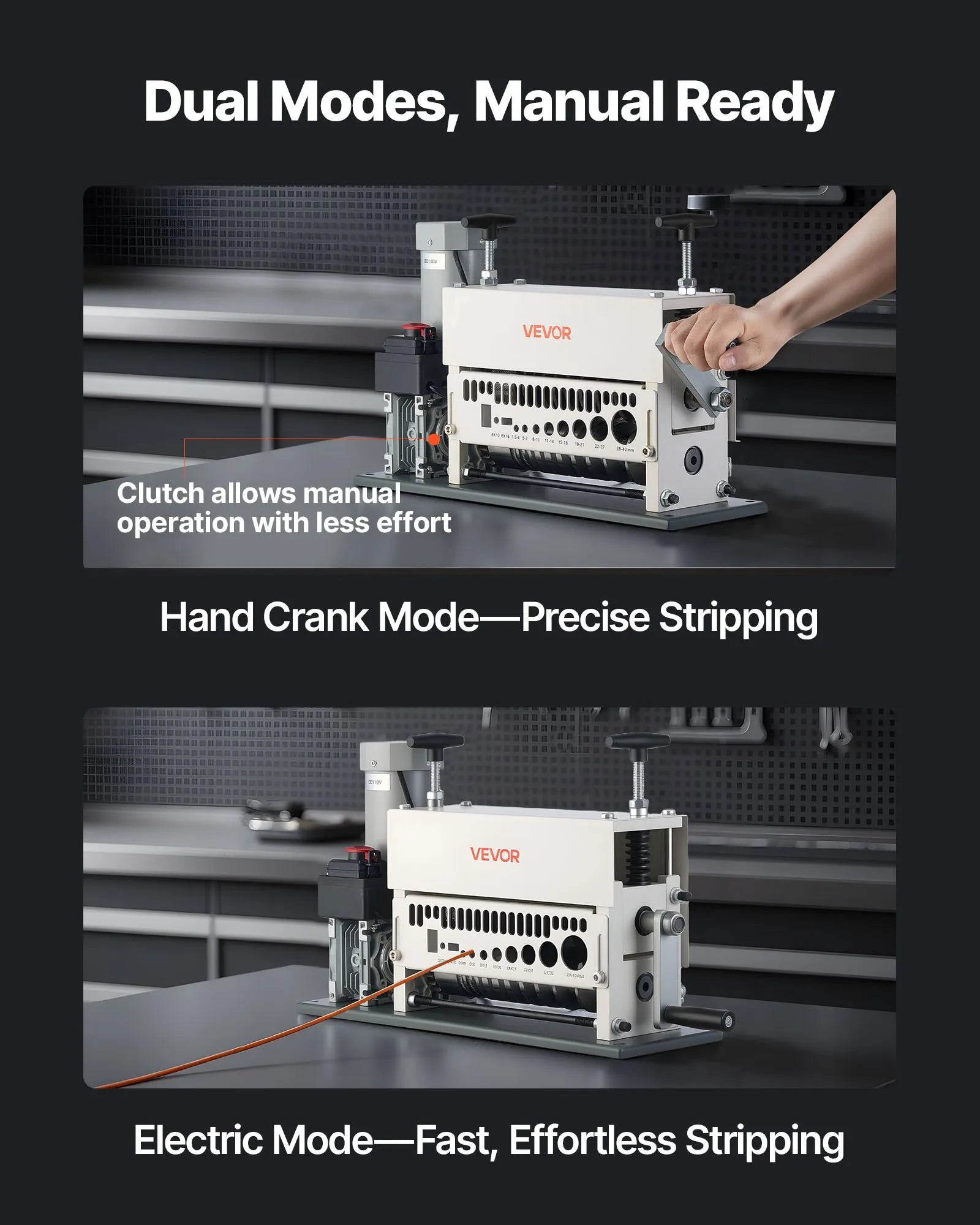 VEVOR Electric Wire Stripper Machine, 0.06-1.57 in, 11 Channel Automatic Copper Cable Stripper, 370W Wire Stripper Tool with Manual Hand Crank Mode, Emergency Stop Button, for Scrap Copper Recycling