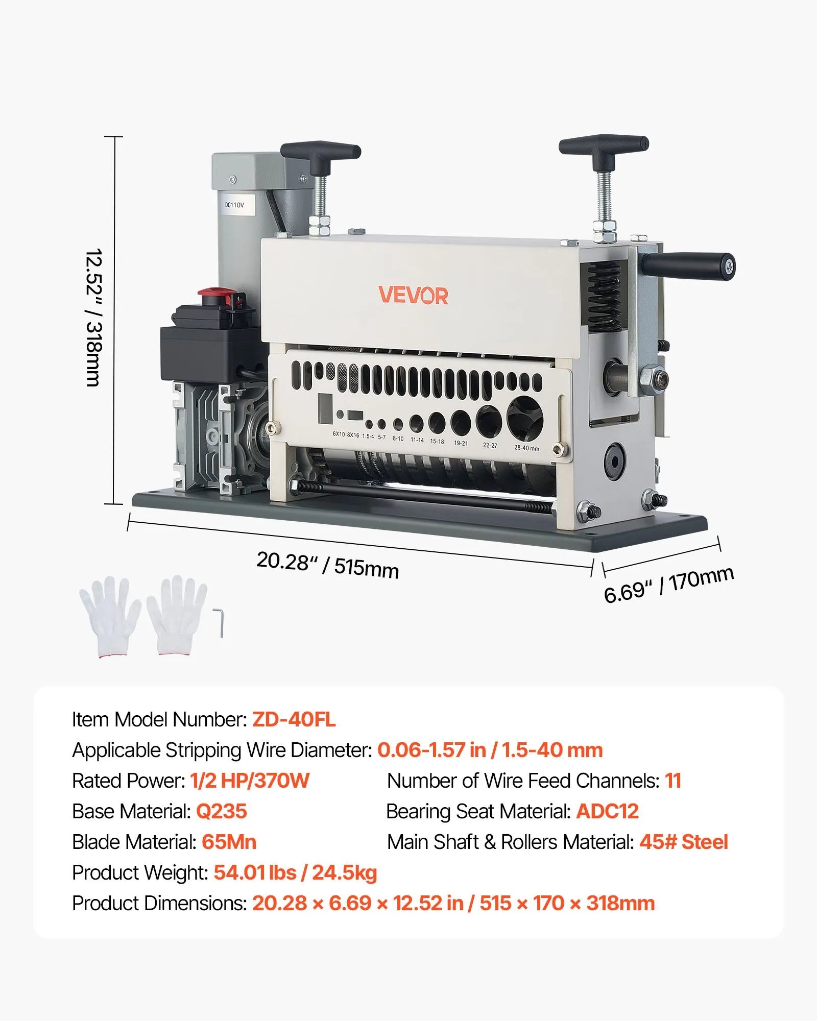 VEVOR Electric Wire Stripper Machine, 0.06-1.57 in, 11 Channel Automatic Copper Cable Stripper, 370W Wire Stripper Tool with Manual Hand Crank Mode, Emergency Stop Button, for Scrap Copper Recycling