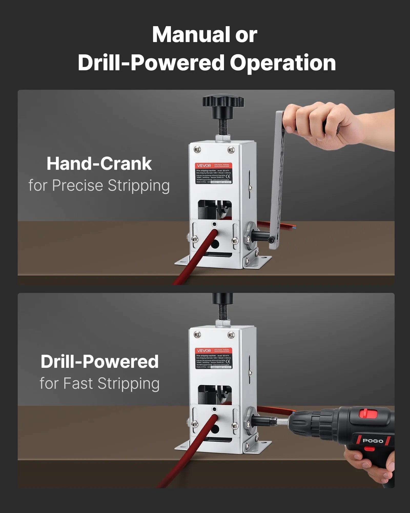 VEVOR Manual Wire Stripper Machine, 0.06-1.18 in, Copper Cable Stripper Tool, Hand Crank or Drill Powered Modes, Heavy-Duty Q235 Frame Wire Stripping Machine, Easy to Use, for Scrap Copper Recycling