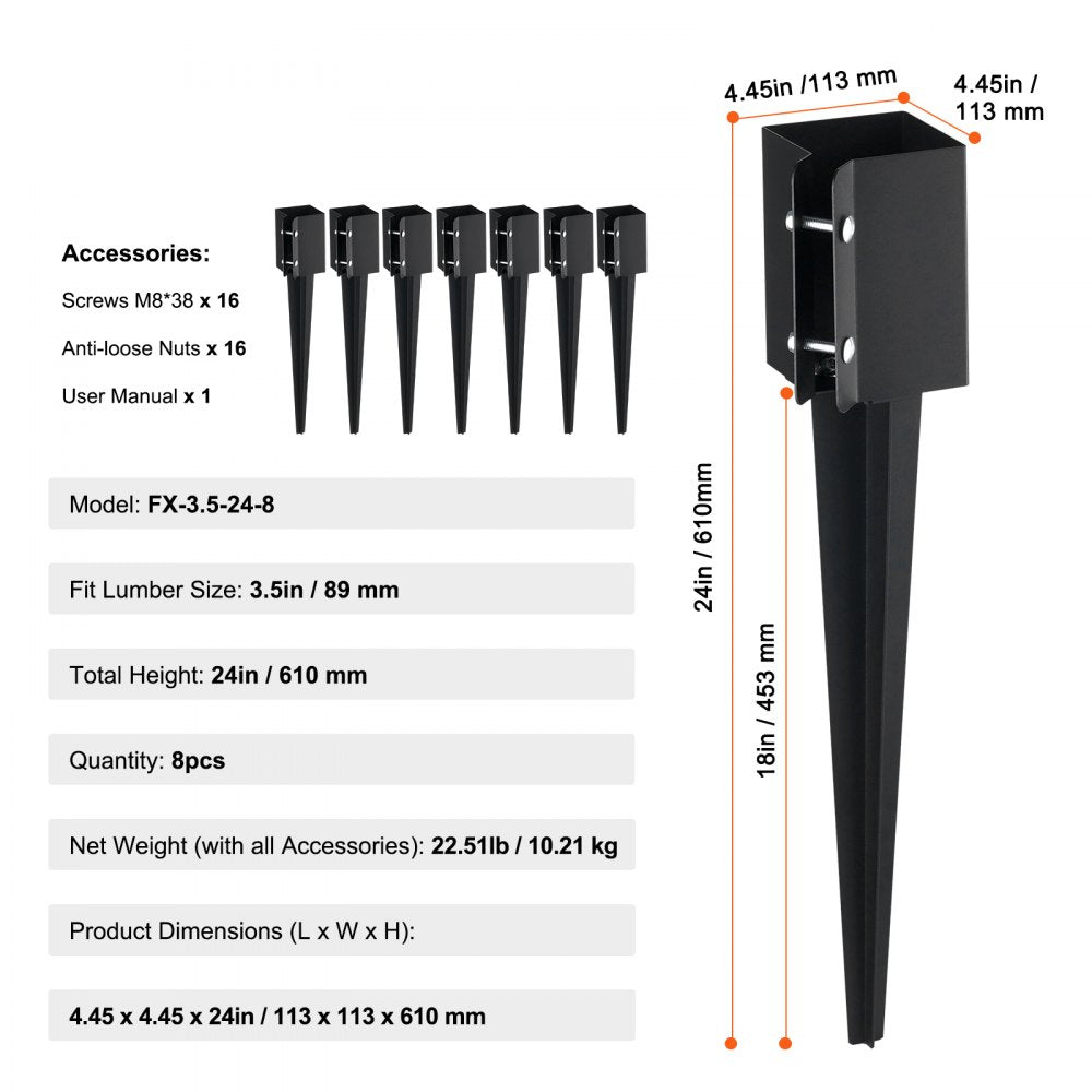 VEVOR Fence Post Anchor Ground Spike, 8 Pack 24 x 4 x 4 Inches Outer Diameter (Inner Diameter 3.5 x3.5 Inches), Metal Black Powder Coated Post Stake Ground, for Mailbox Deck Garden Railing