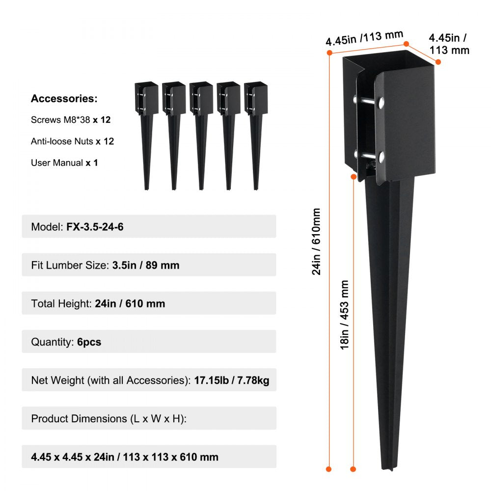 VEVOR Fence Post Anchor Ground Spike, 6 Pack 24 x 4 x 4 Inches Outer Diameter (Inner Diameter 3.5 x3.5 Inches), Metal Black Powder Coated Post Stake Ground, for Mailbox Deck Garden Railing