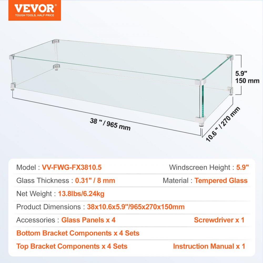 VEVOR Fire Pit Wind Guard, 38 x 10.5 x 6 inch Glass Flame Guard, Oblong Glass Shield, 0.3" Thick Fire Table, Clear Tempered Glass Flame Guard, Steady Feet Tree Pit Guard for Propane, Gas, Outdoor